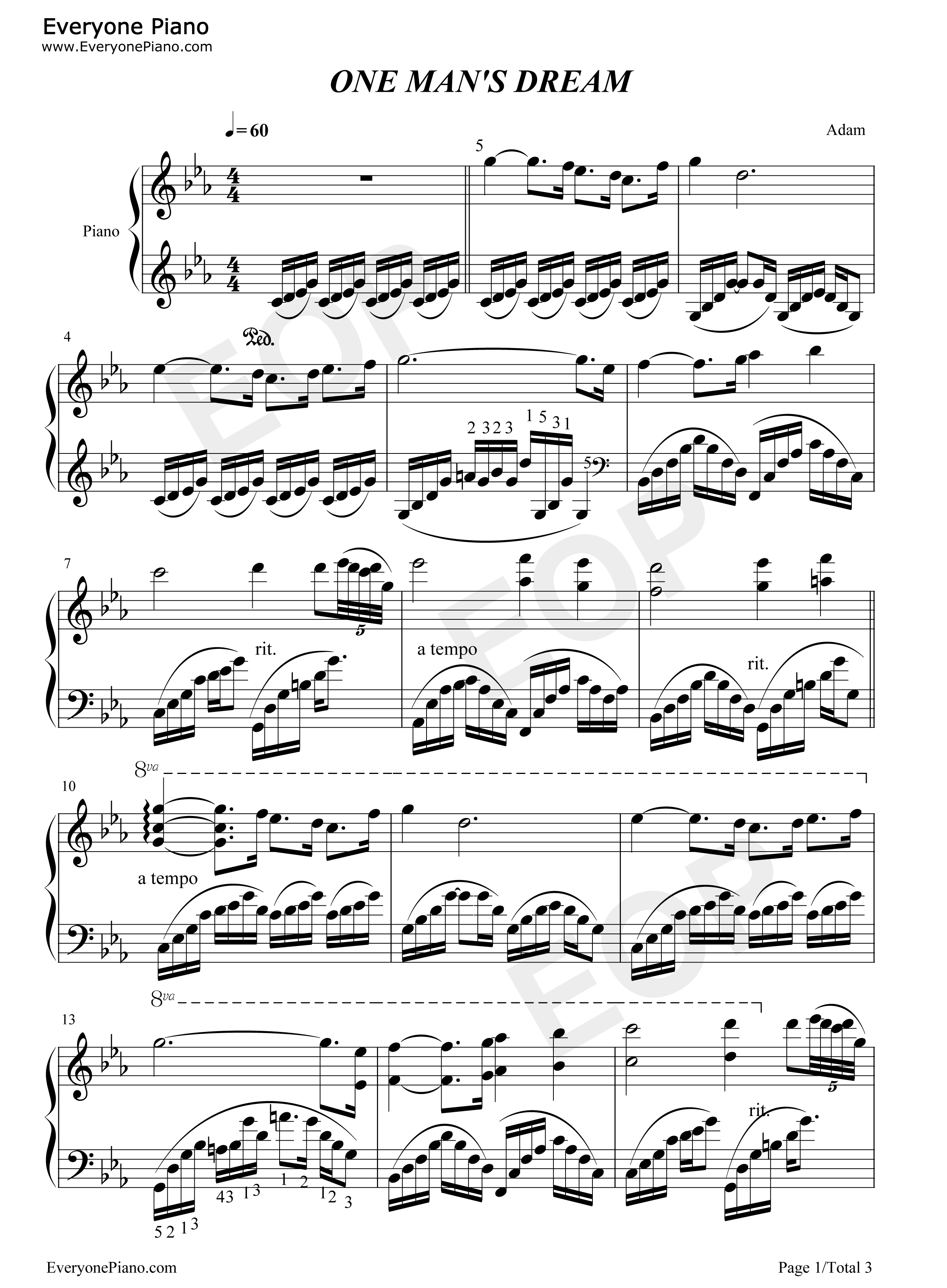 One_Man's_Dream钢琴谱_雅尼（Yanni）