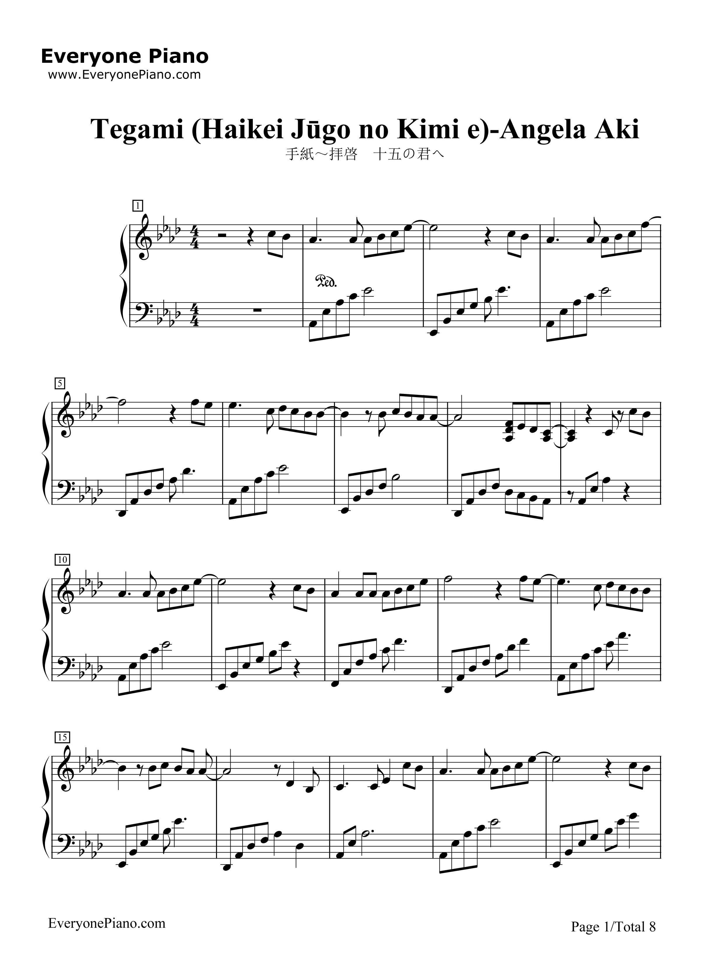 手纸_～拝启_十五の君へ～Angela_Aki钢琴谱_Angela_Aki