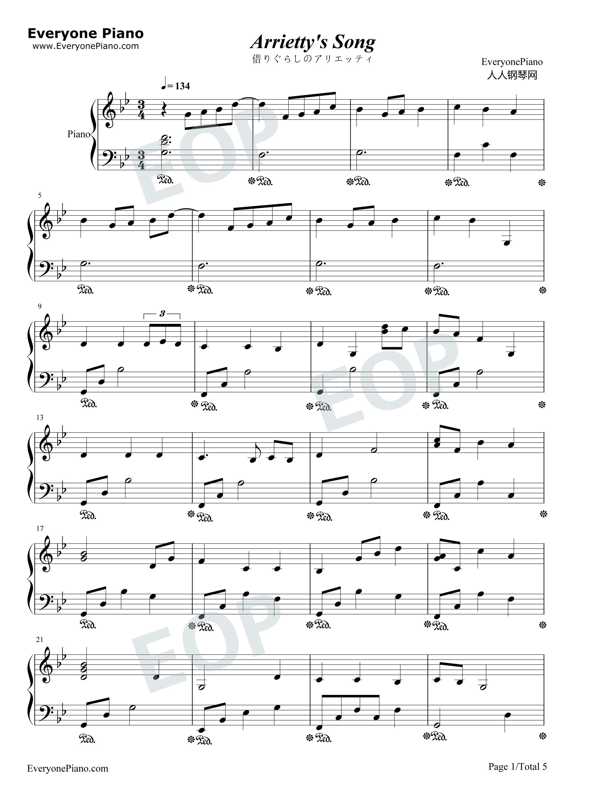 Arrietty's_Song钢琴谱_塞西尔·科贝尔__セシルコルベル_宫崎骏