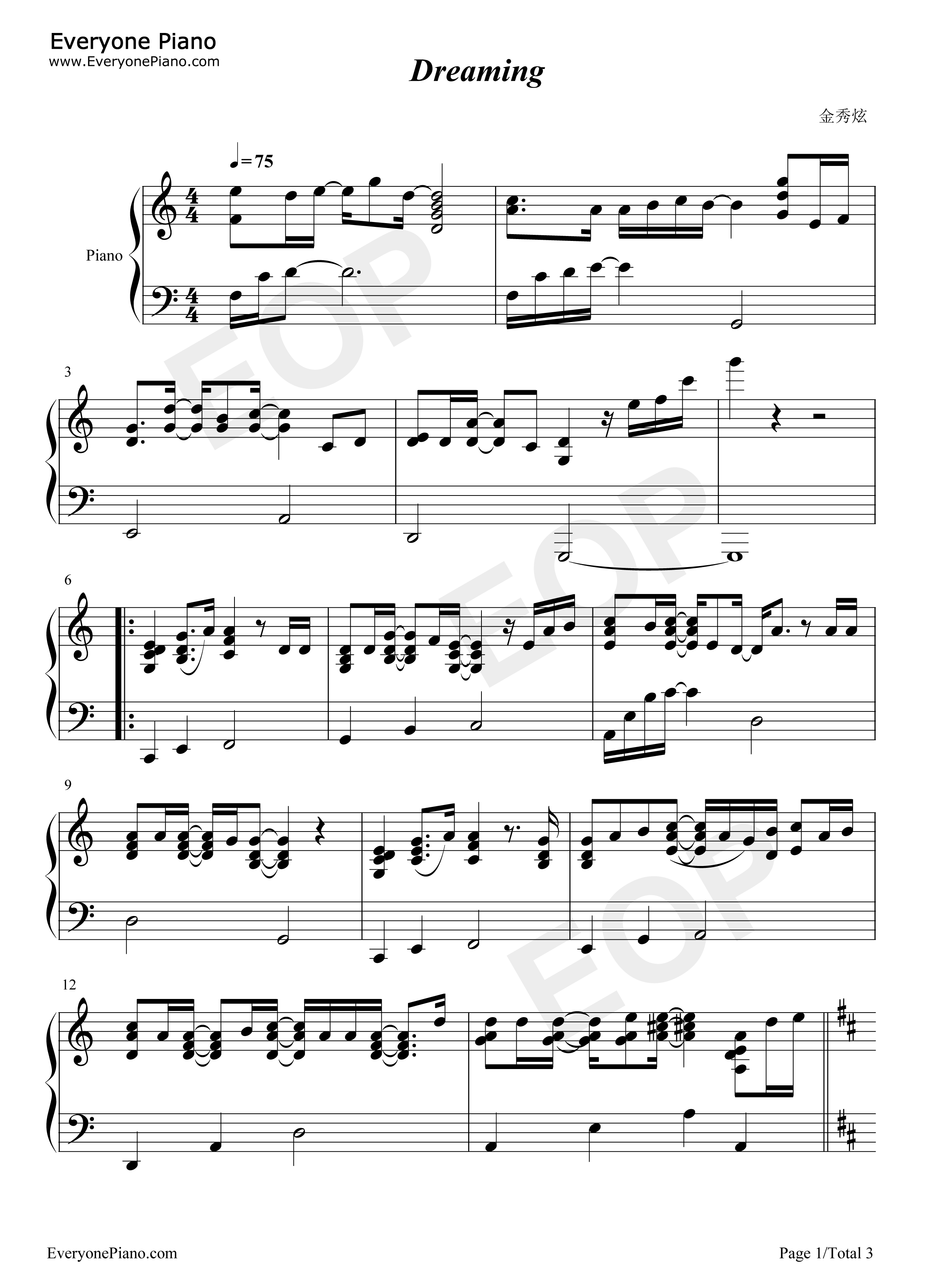Dreaming钢琴谱_金秀贤