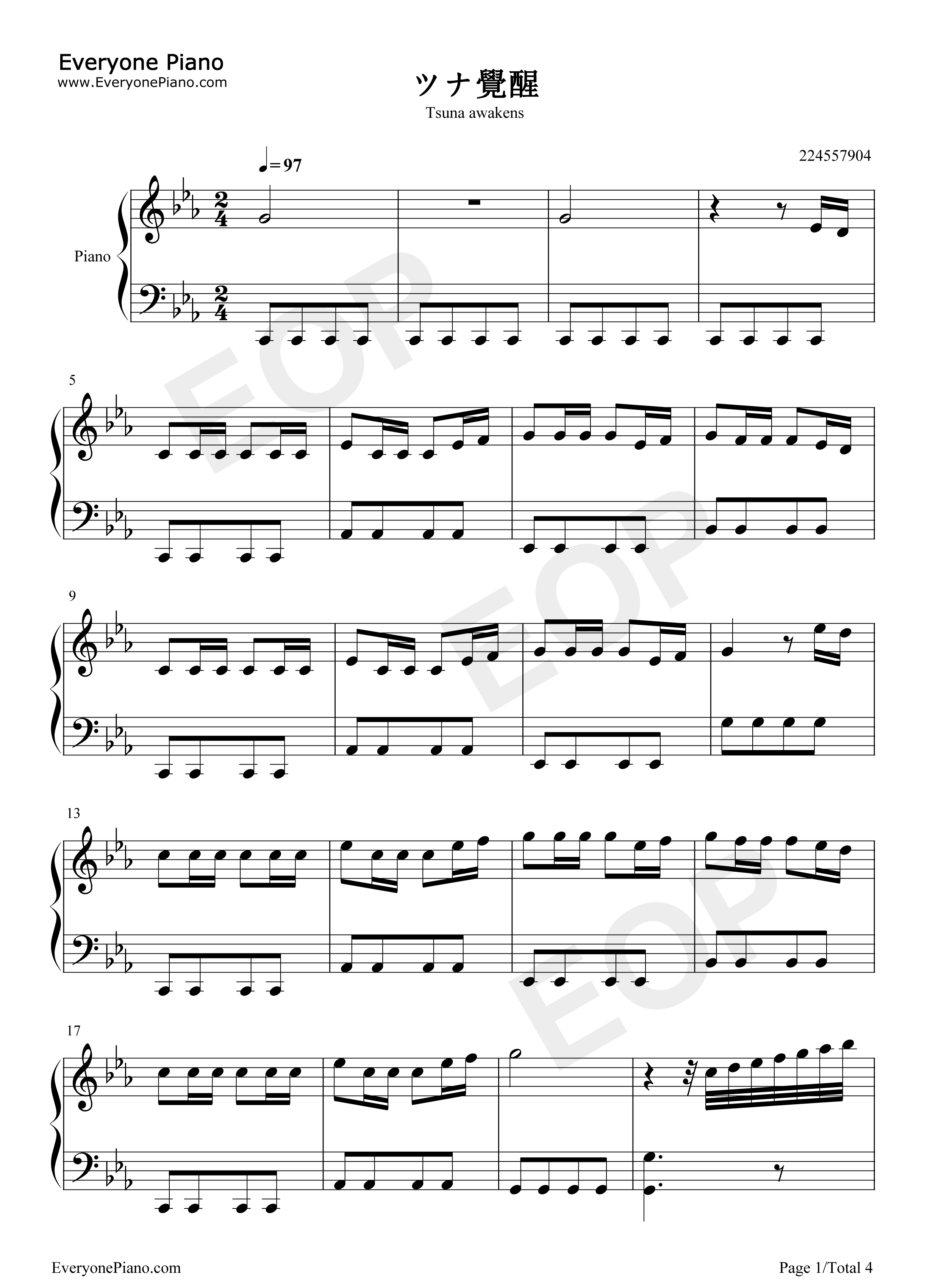 ツナ觉醒钢琴谱_未知