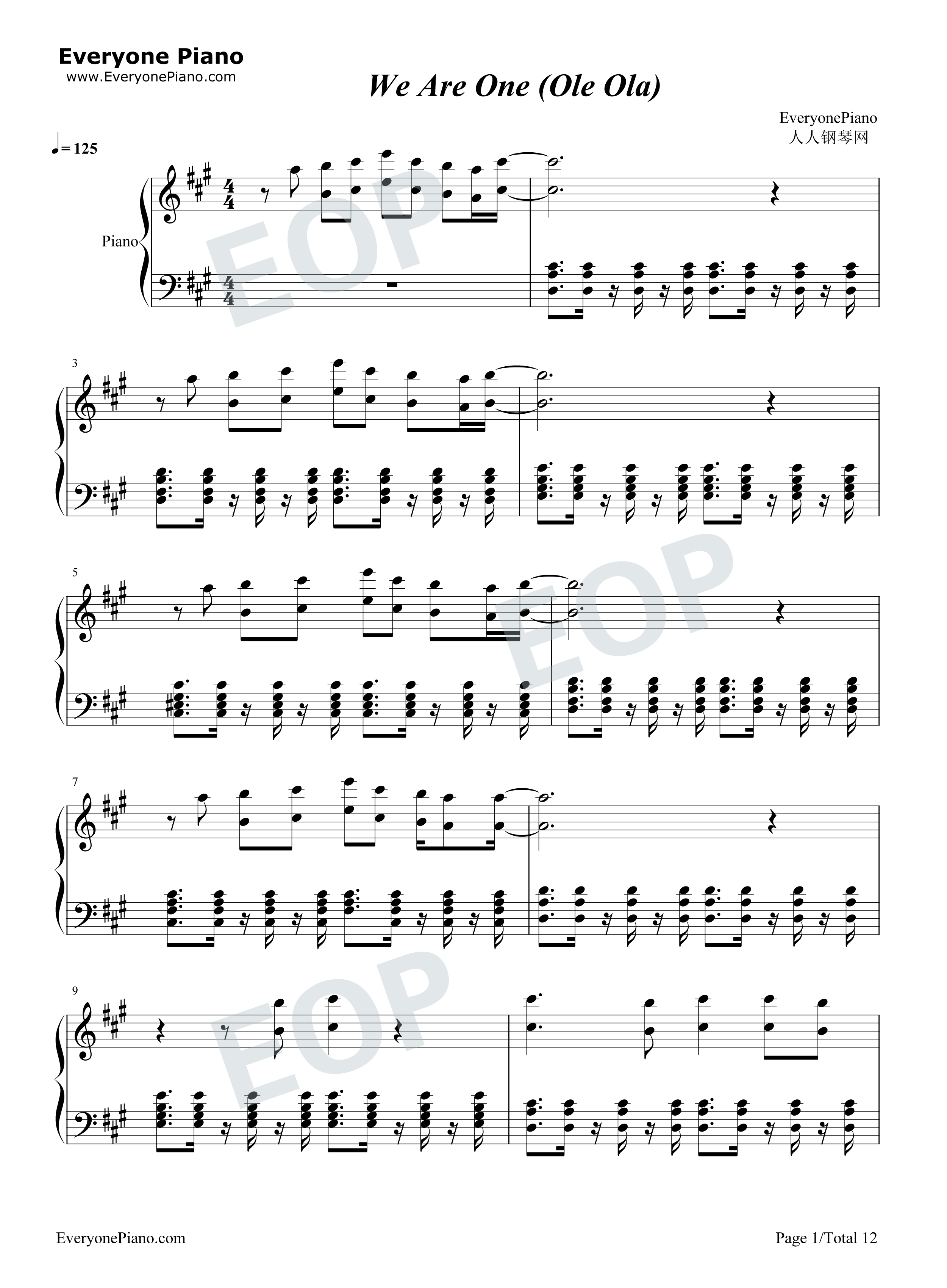 We_Are_One_(Ole_Ola)钢琴谱_Pitbull