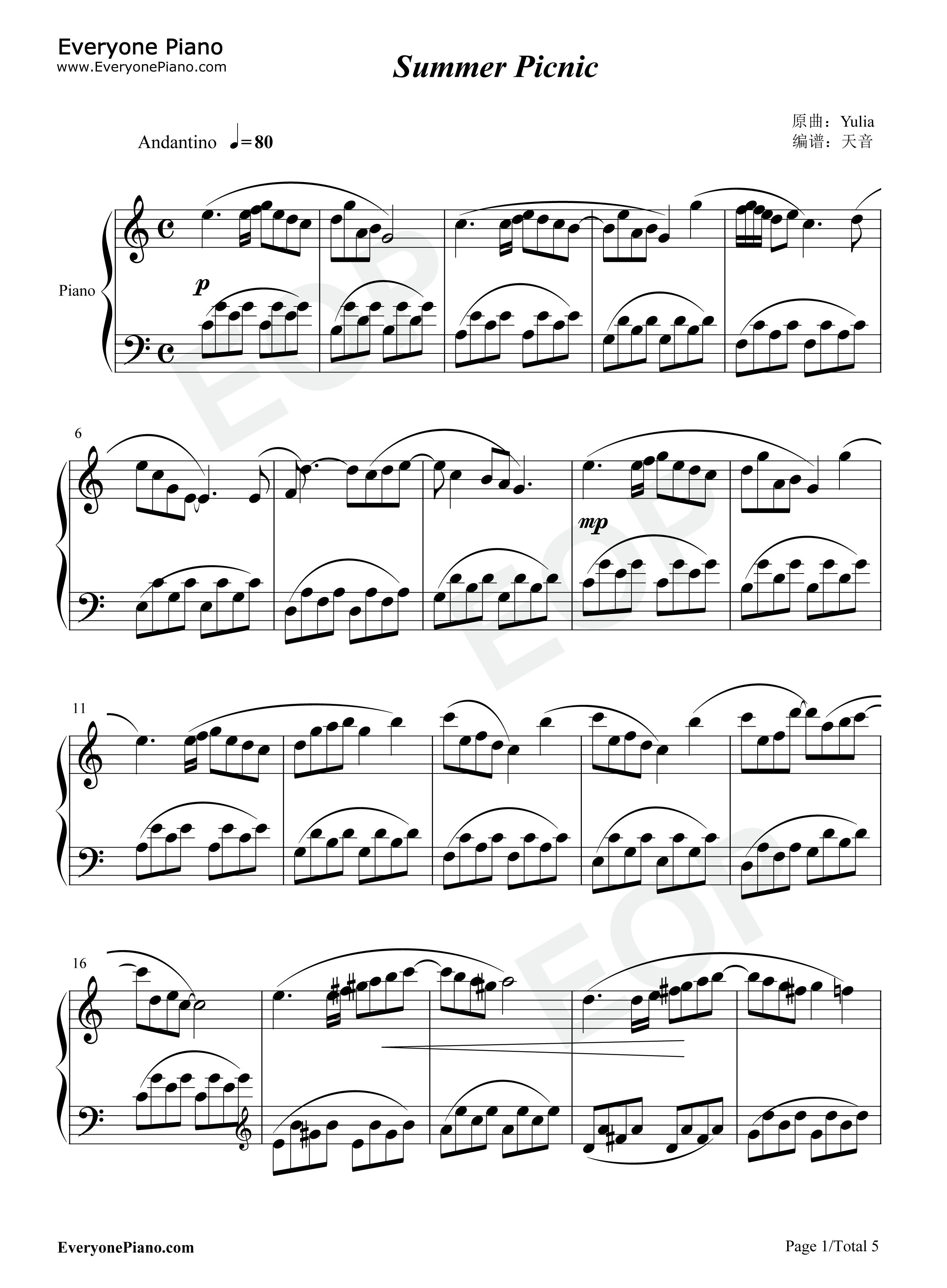 Summer_Picnic钢琴谱_Yulia