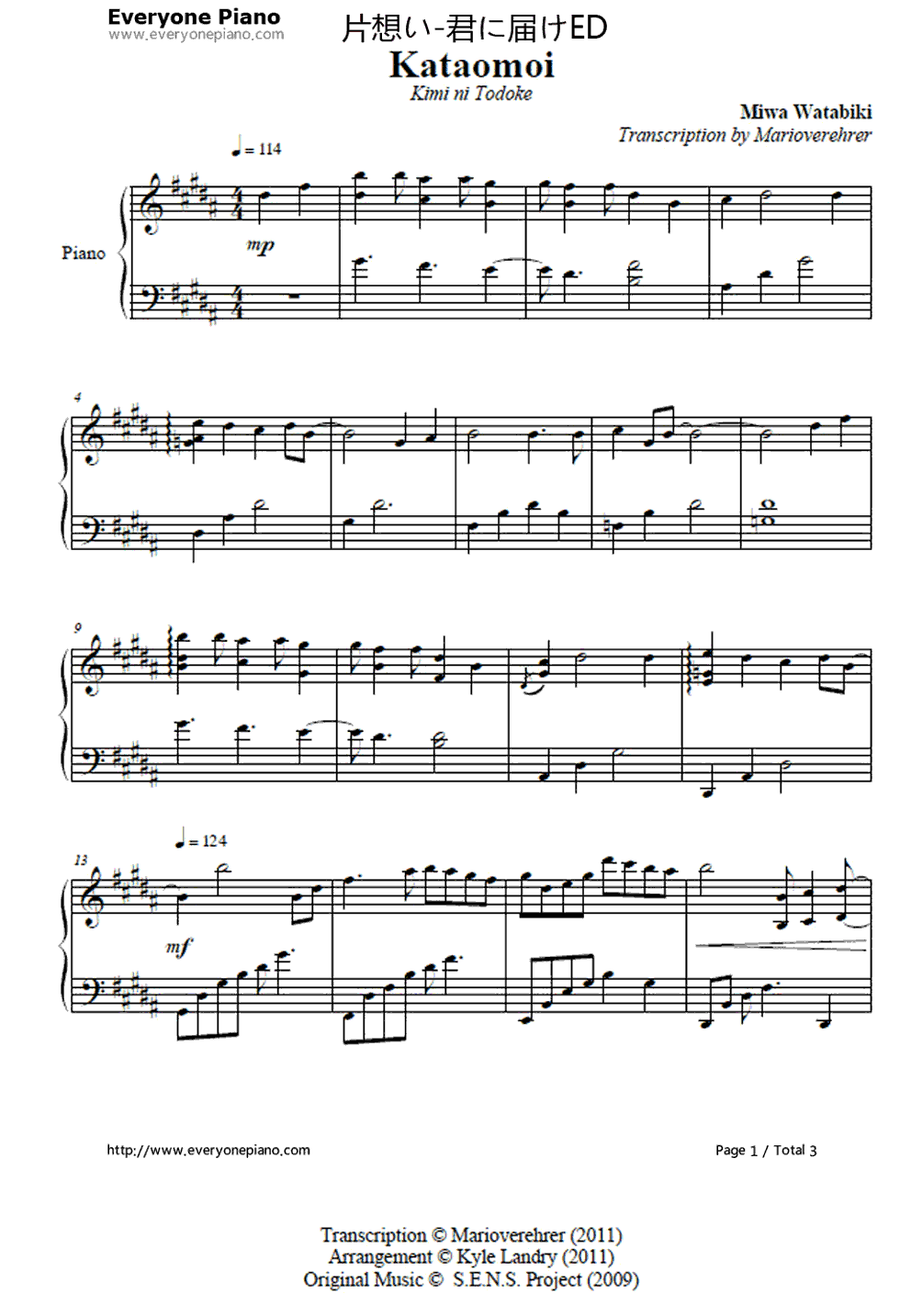 片想い钢琴谱_Chara