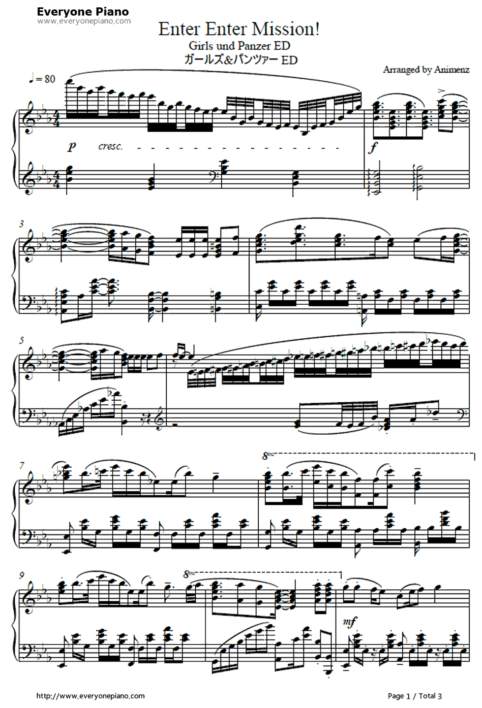 Enter_Enter_Mission钢琴谱_西住美穗（渊上舞）、武部沙织（茅野爱衣）、五十铃华（尾崎真实）、秋山优花里（中上育实）、冷泉麻子（井口裕香）