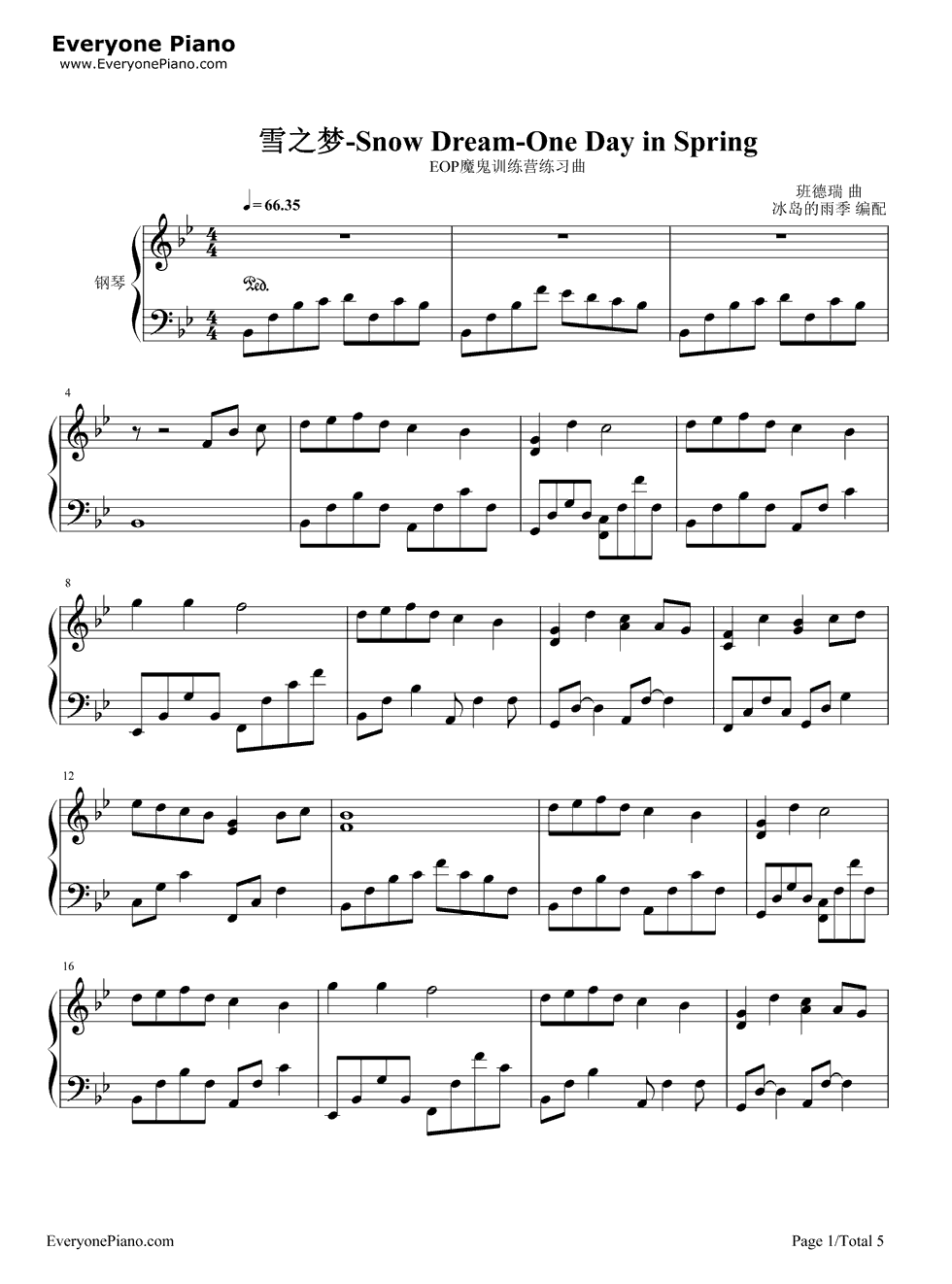 雪之梦钢琴谱_班得瑞__Bandari