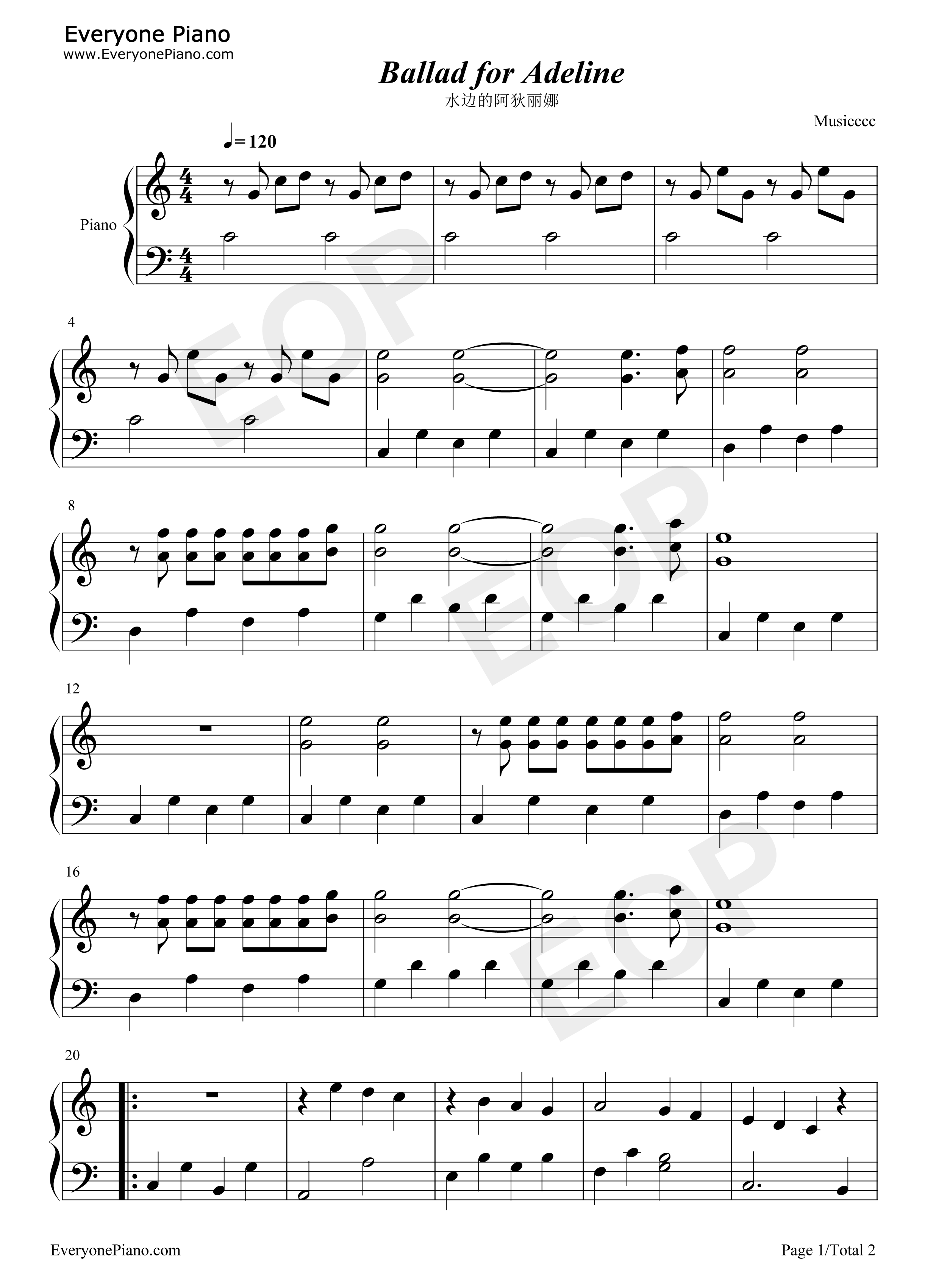 水边的阿狄丽娜钢琴谱_理查德.克莱德曼