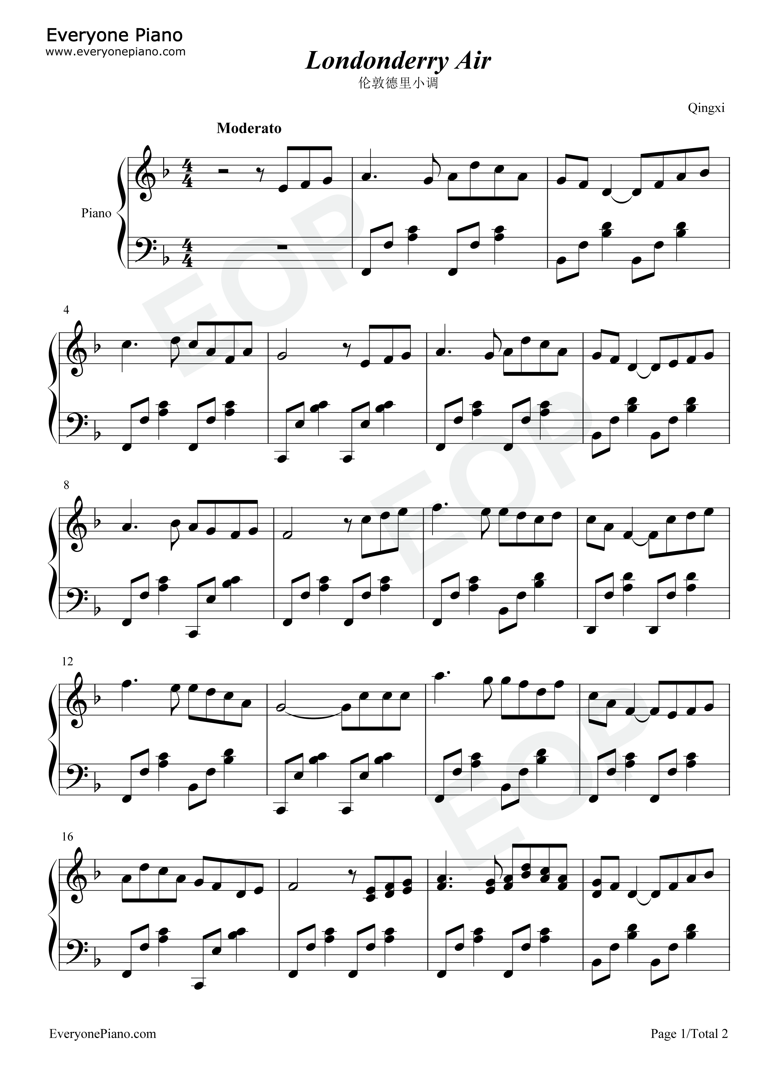 伦敦德里小调钢琴谱_爱尔兰