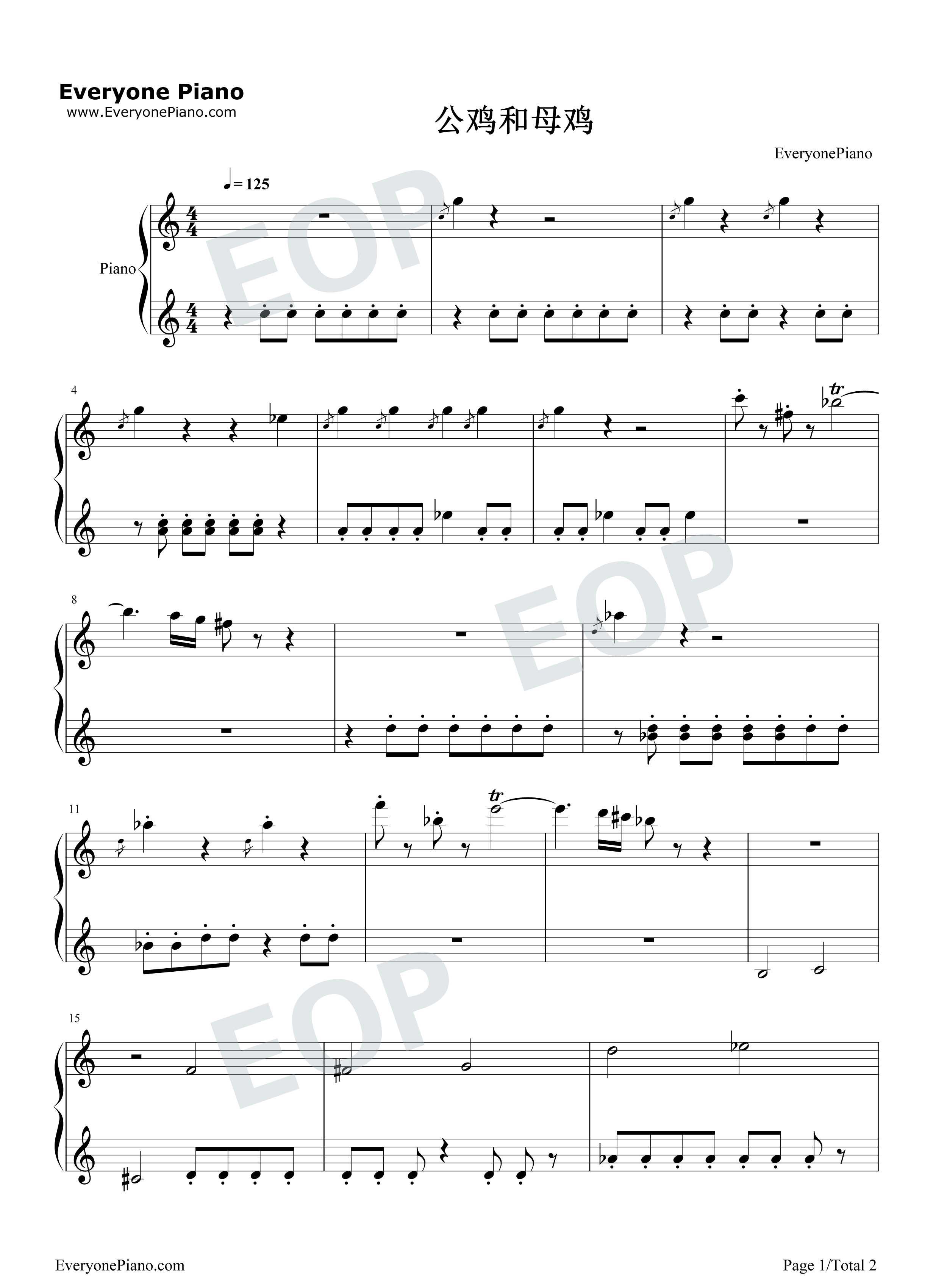 公鸡和母鸡钢琴谱_儿歌