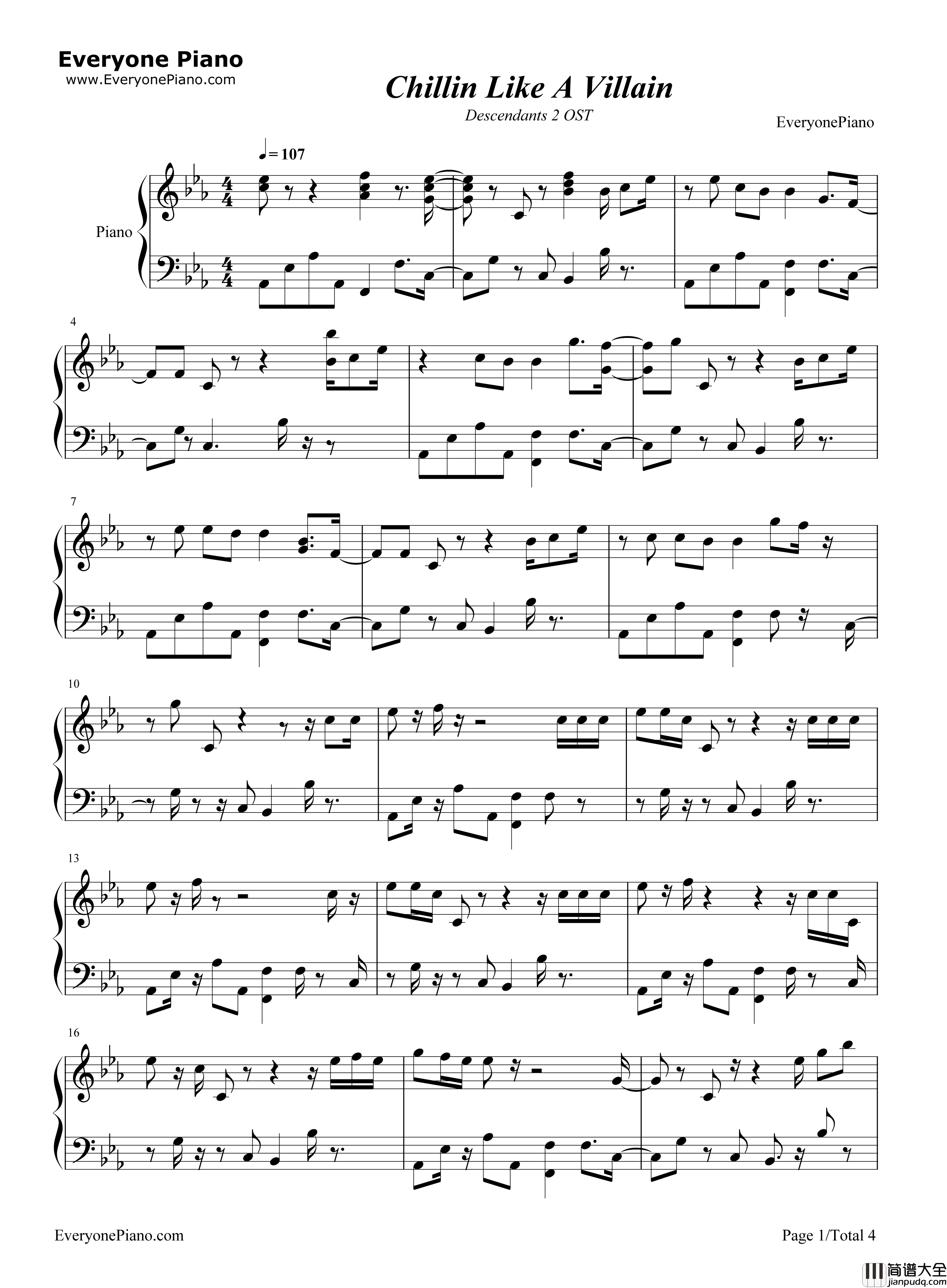 Chillin'_Like_a_Villain钢琴谱_Sofia_Carson_Cameron_Boyce_Booboo_Stewart_Mitchell_Hope