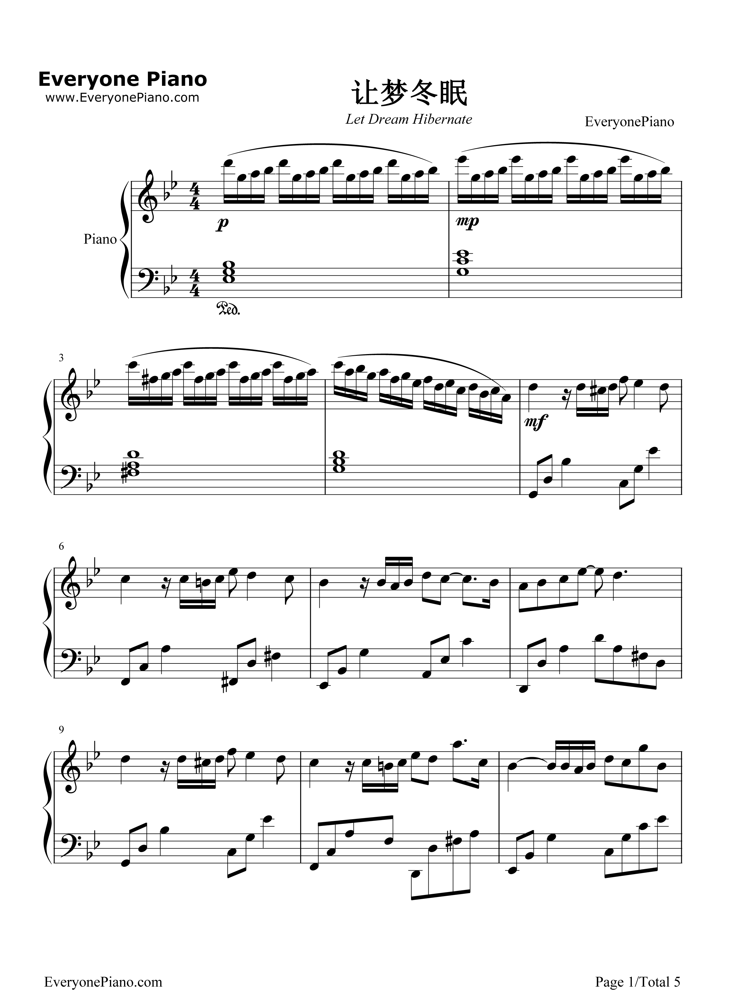 让梦冬眠钢琴谱_孙楠_艾雨