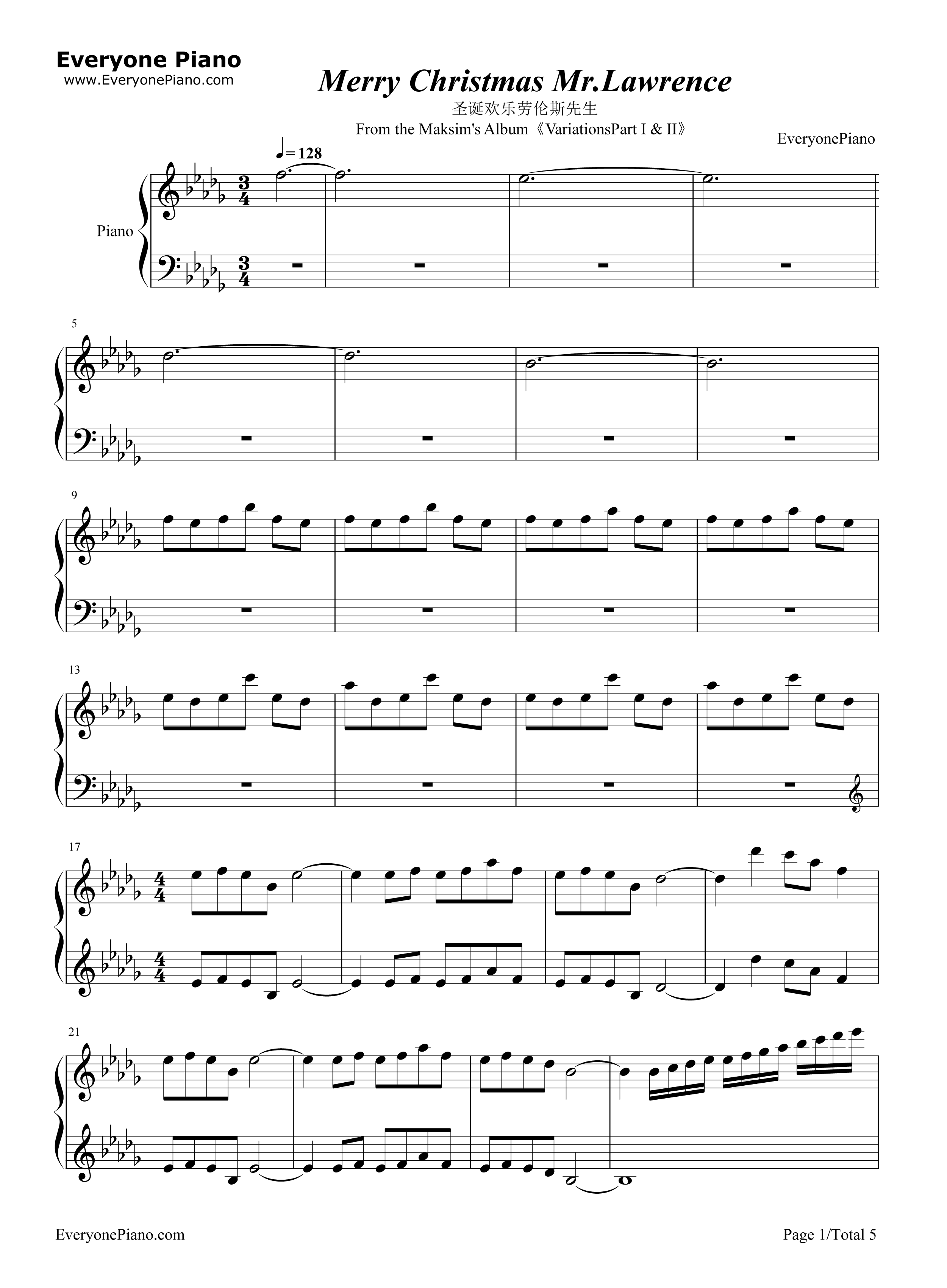 Merry_Christmas_Mr_Lawrence钢琴谱_坂本龙一