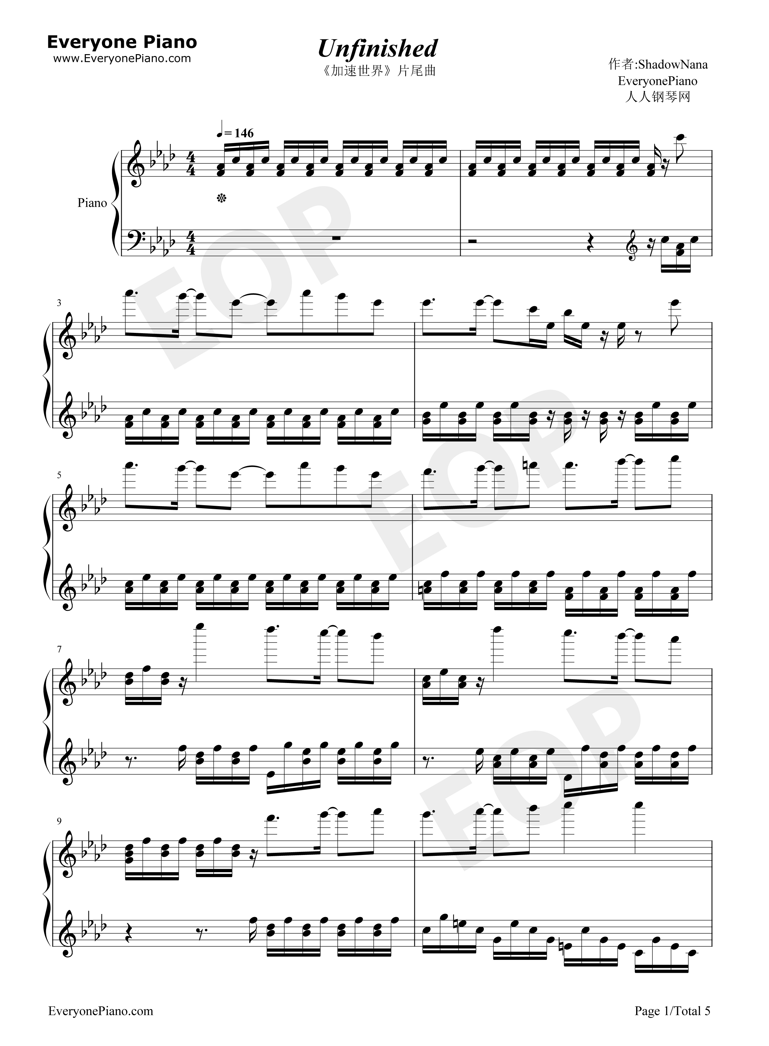 Unfinished钢琴谱_KOTOKO