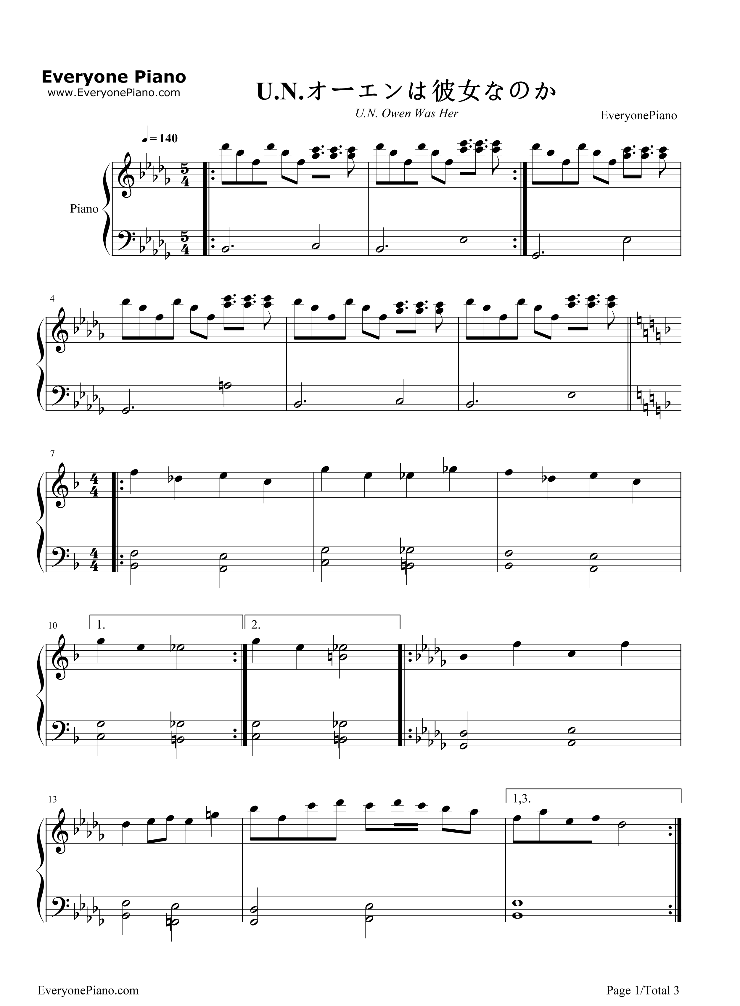 U.N.オーエンは彼女なのか钢琴谱_ZUN__太田顺也