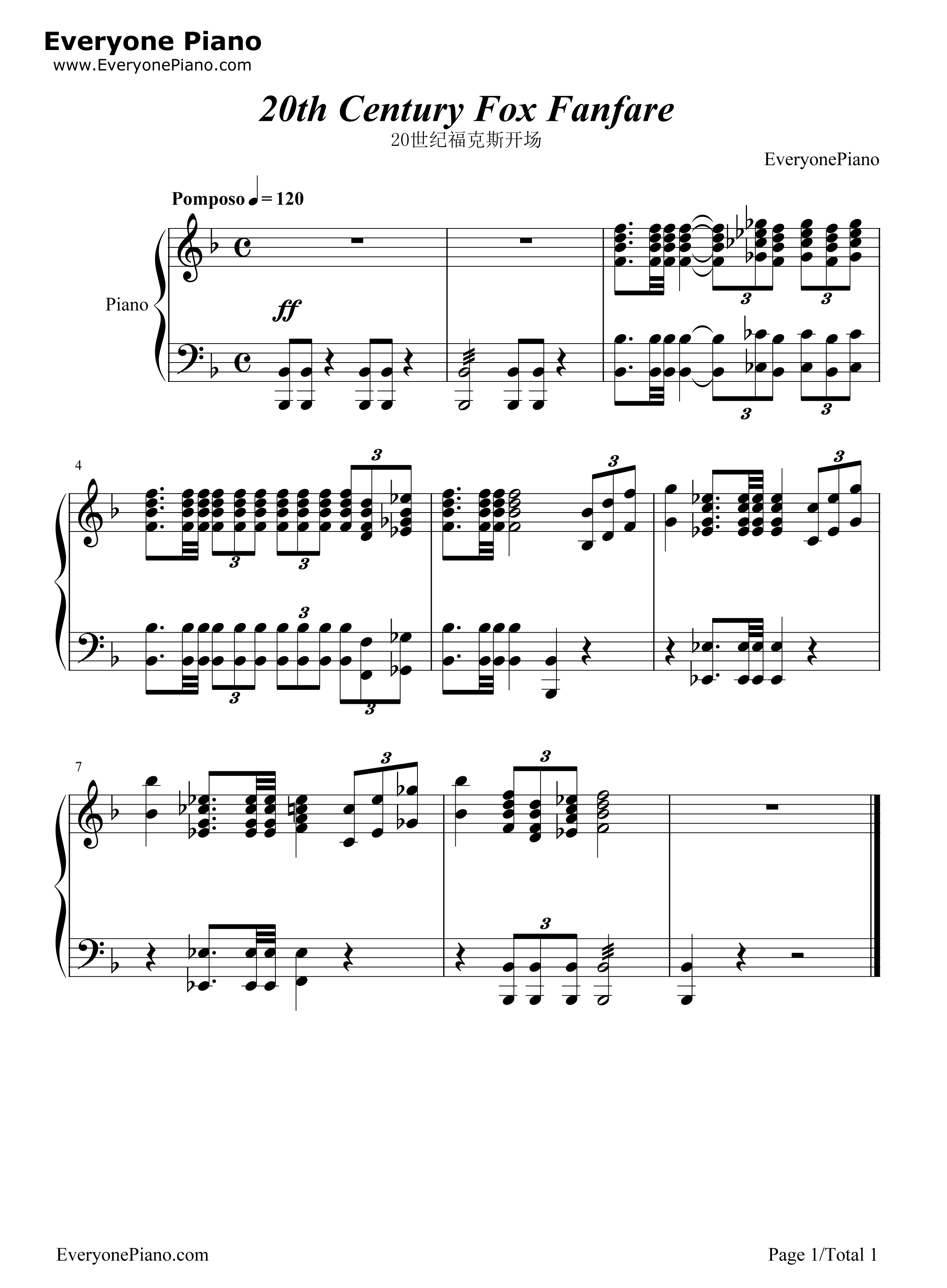 20世纪福克斯开场曲钢琴谱_20th_Century_Fox