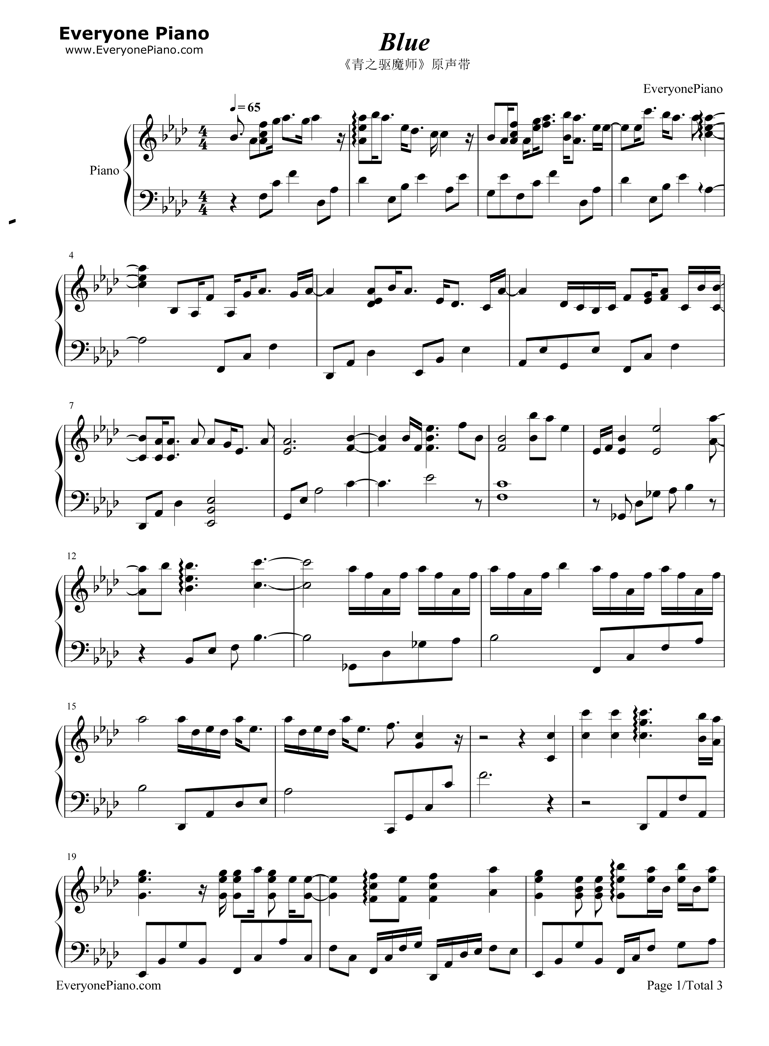 Blue钢琴谱_Hiroyuki_Sawano