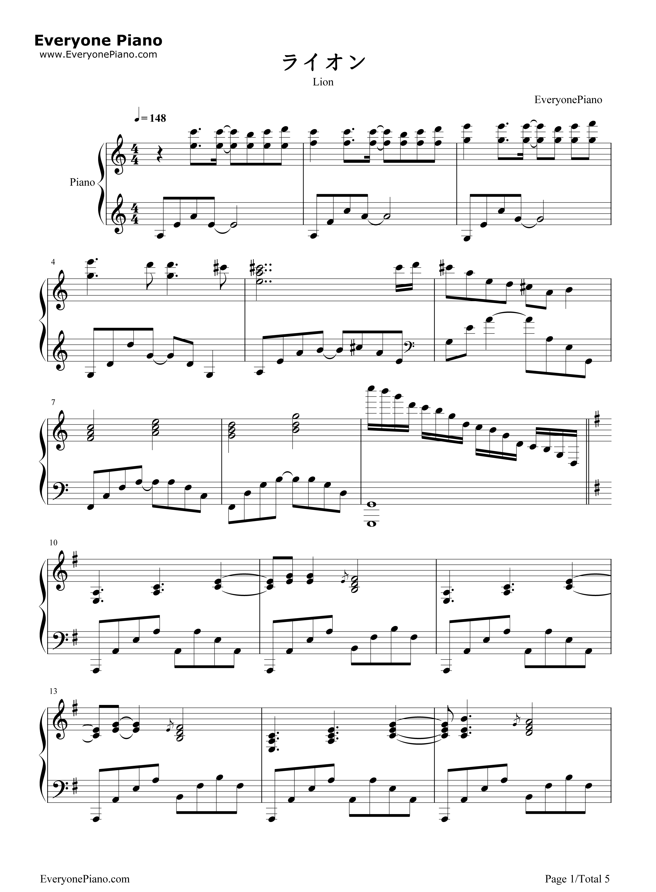 ライオン钢琴谱_May'n_&_中岛_爱