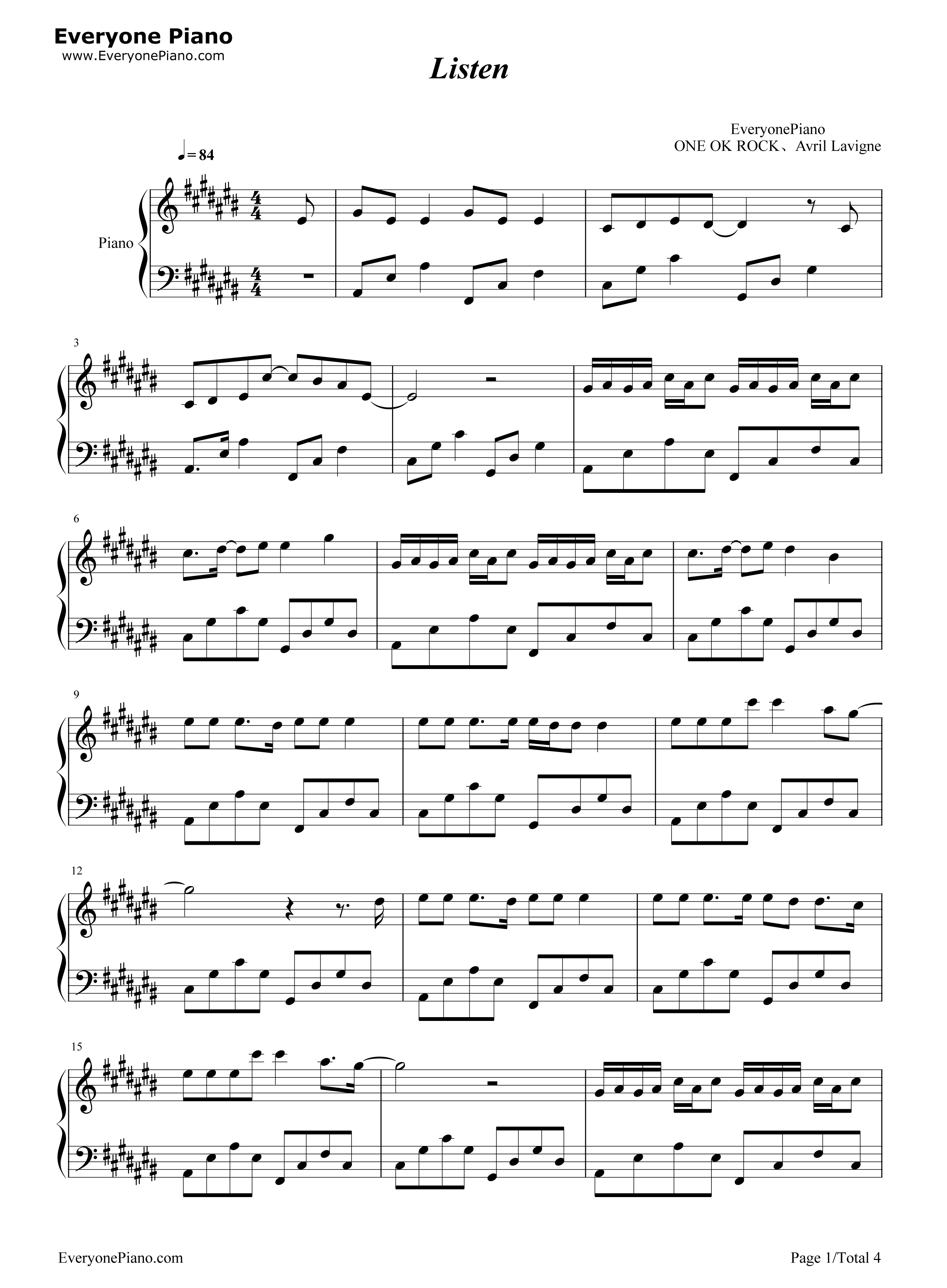 Listen钢琴谱_ONE_OK_ROCK_ft._Avril_Lavigne