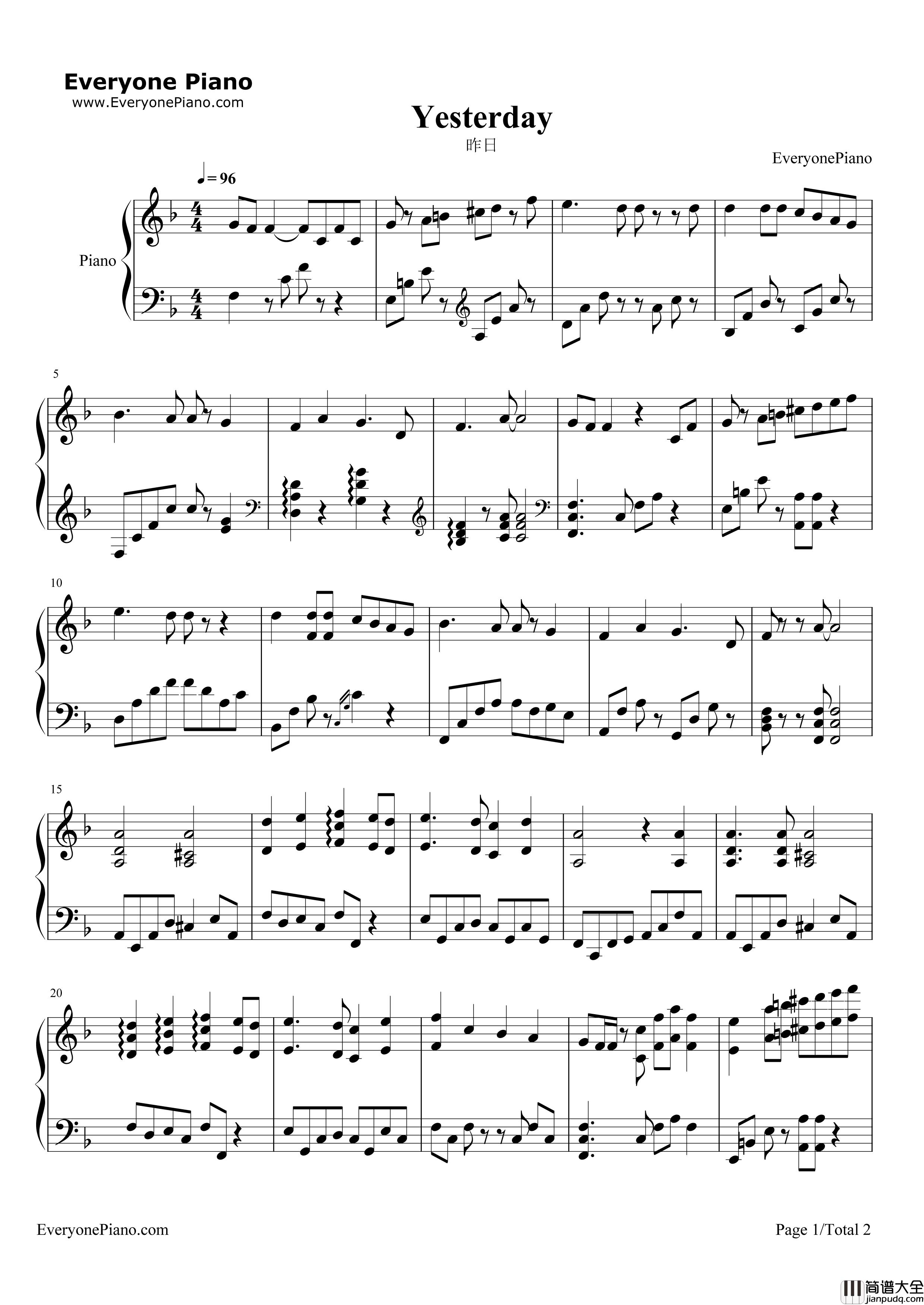 Yesterday昨日钢琴谱_披头士乐队__The_Beatles