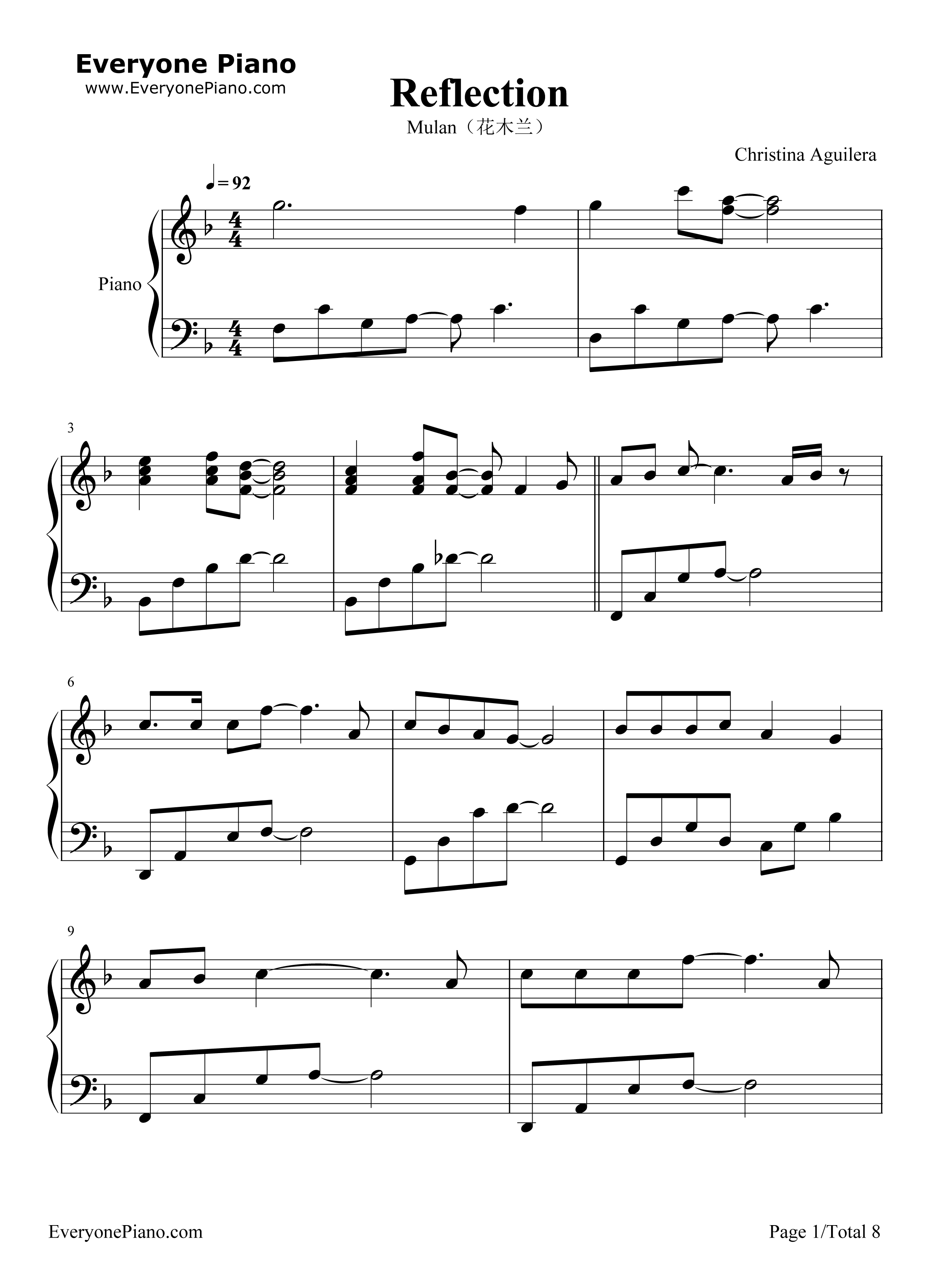 Reflection钢琴谱_克莉丝汀娜__CHRISTINA_AGUIELRA