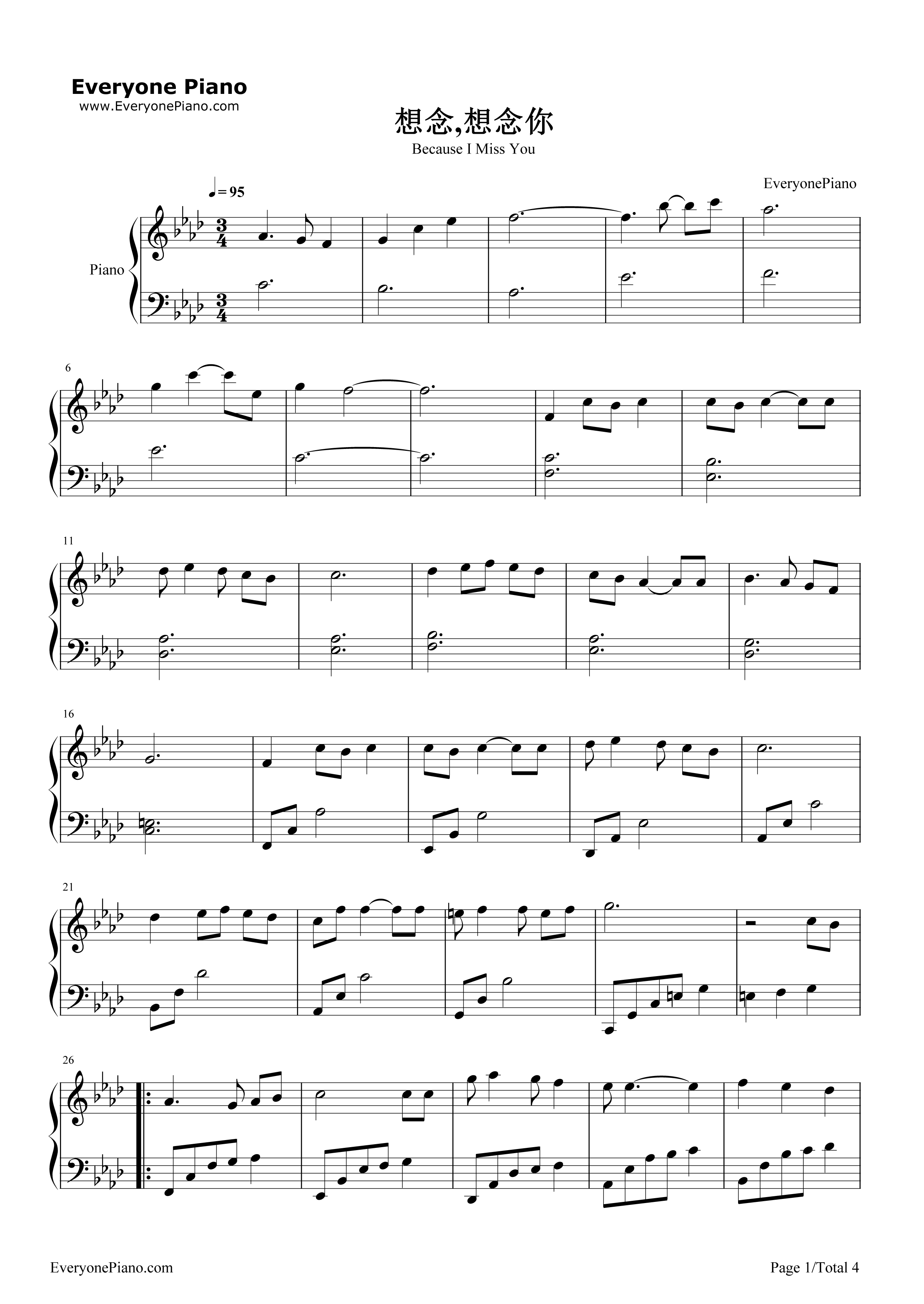 想念,想念你钢琴谱_黄致列