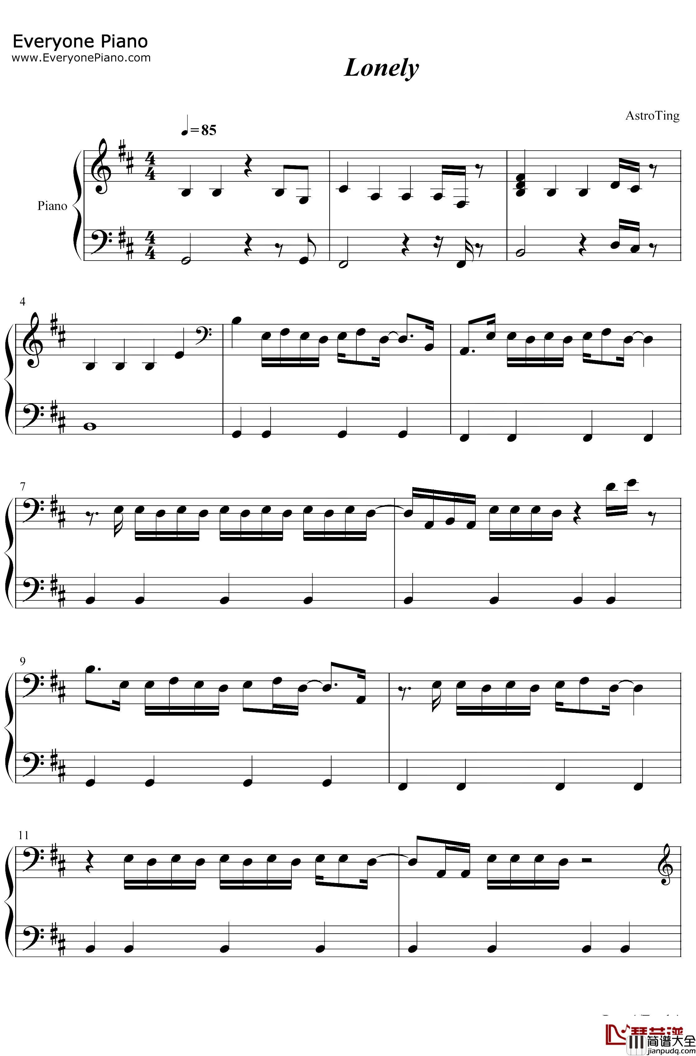 Lonely钢琴谱_JustinBieberBennyBlanco_JustinBieberftBennyBlanco