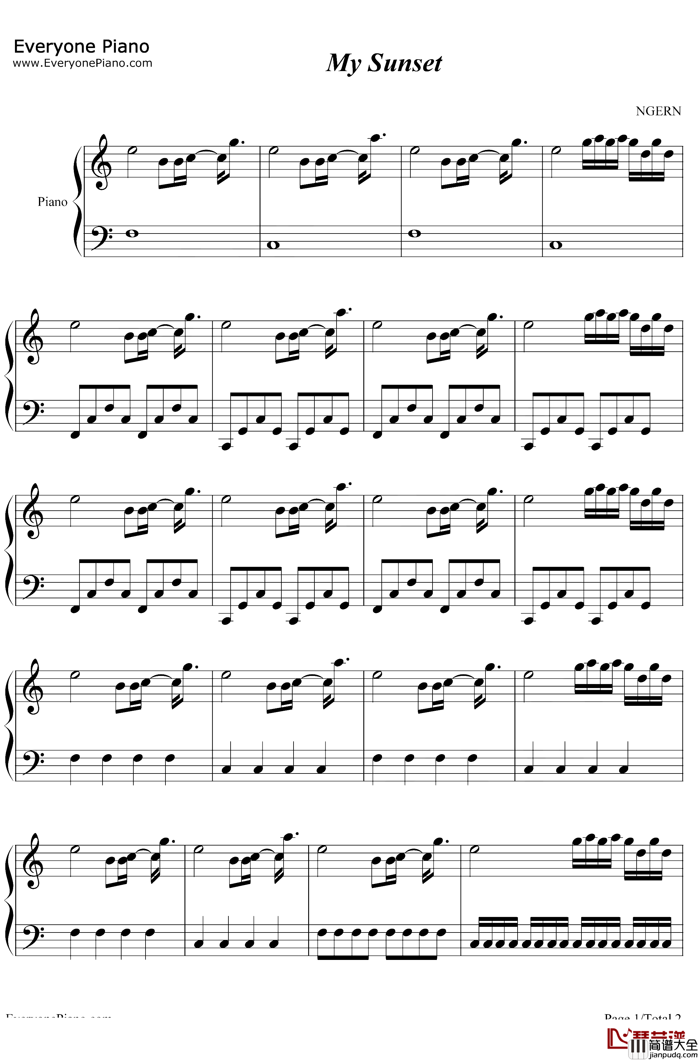 My_Sunset钢琴谱_Feint_C调简单版