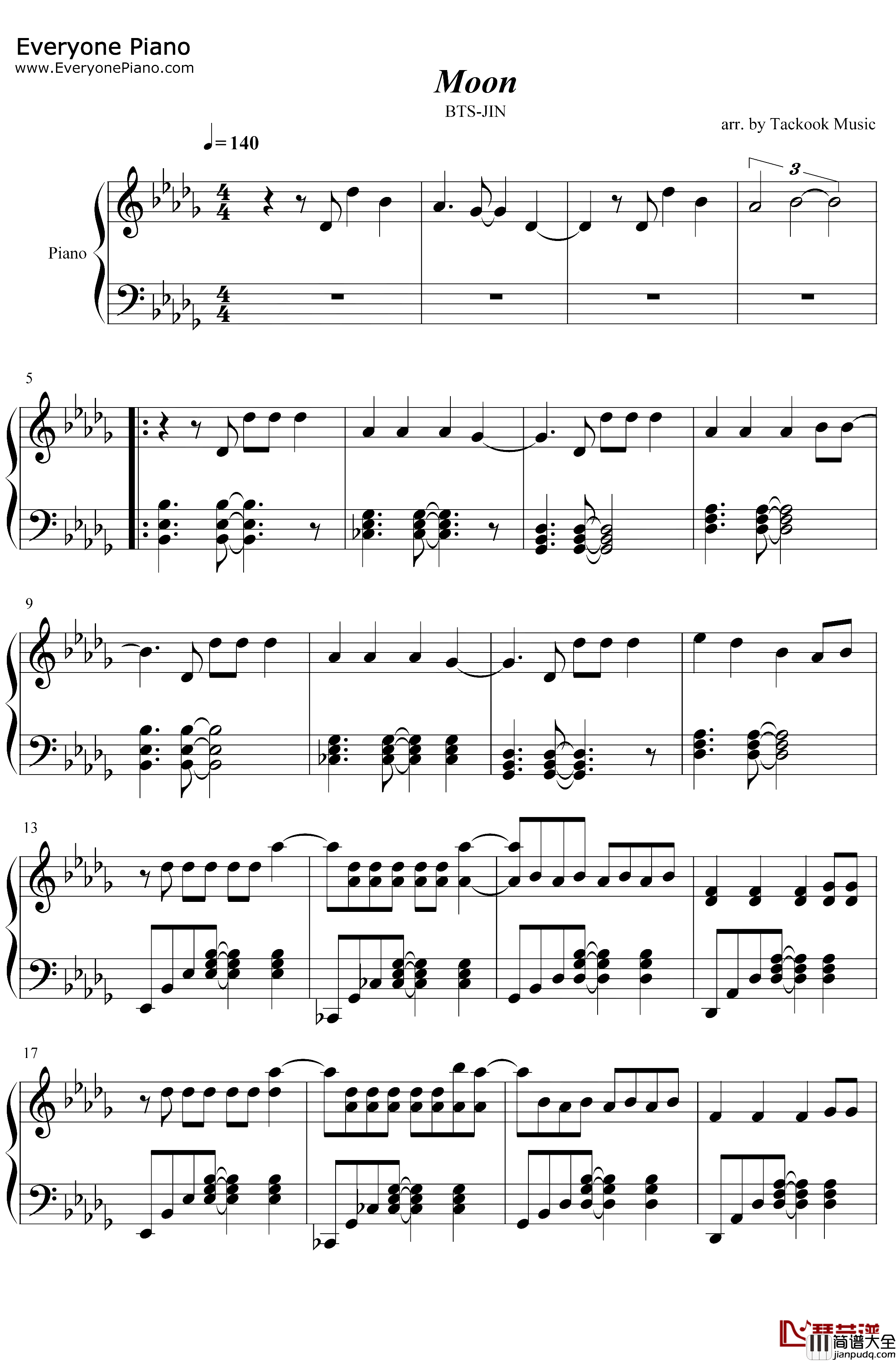Moon钢琴谱_金硕珍防弹少年团_防弹少年团_金硕珍