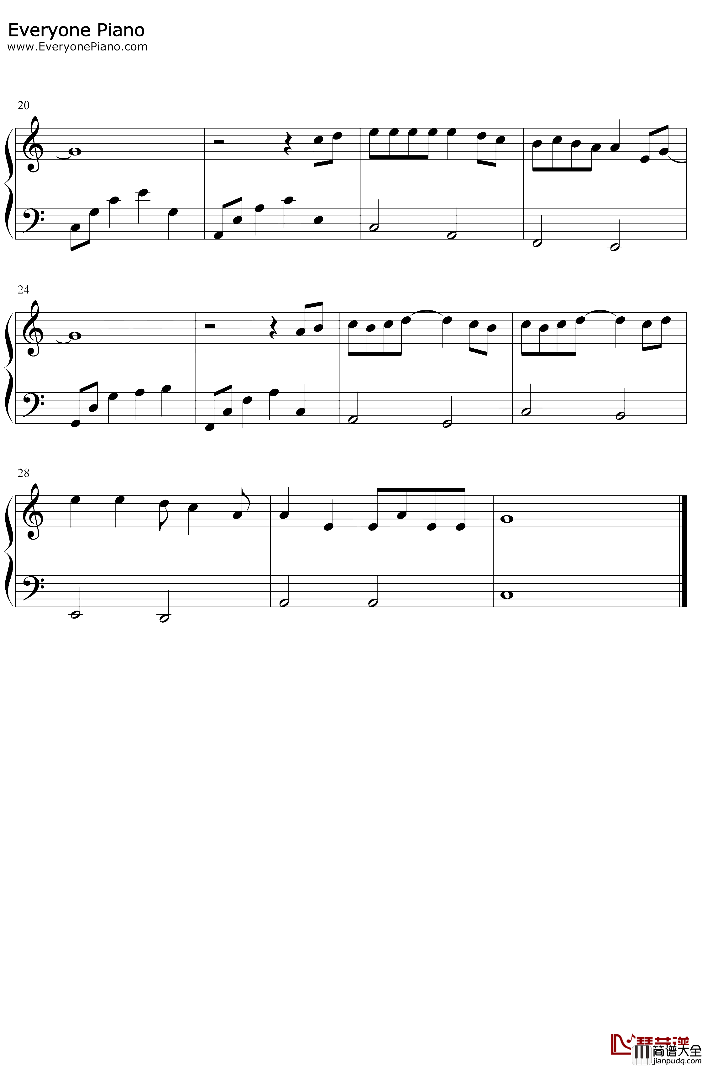 昨日重现钢琴谱_Carpenters_C调简单版_YesterdayOnceMore