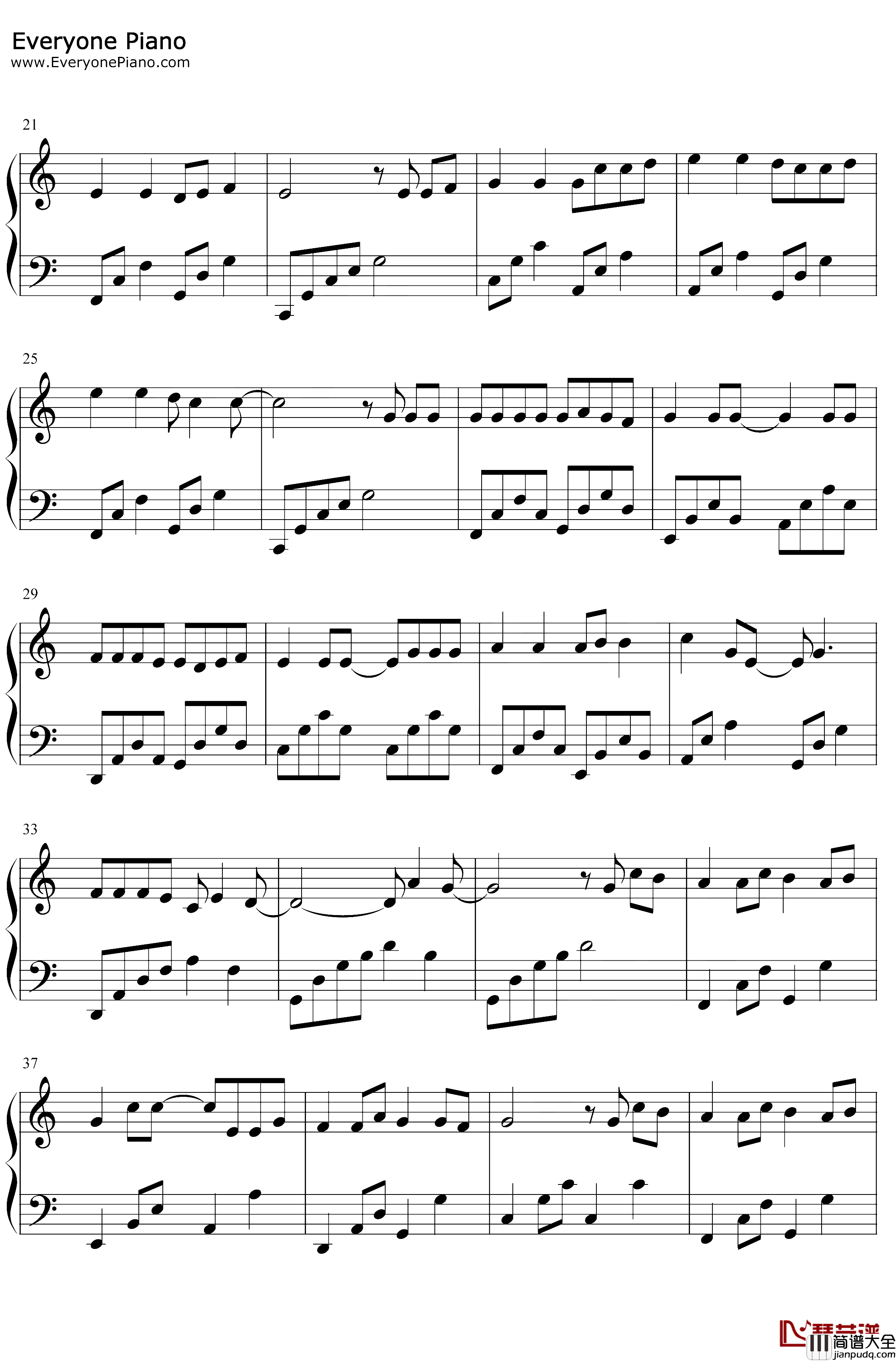 甜甜的钢琴谱_周杰伦_C调简单版