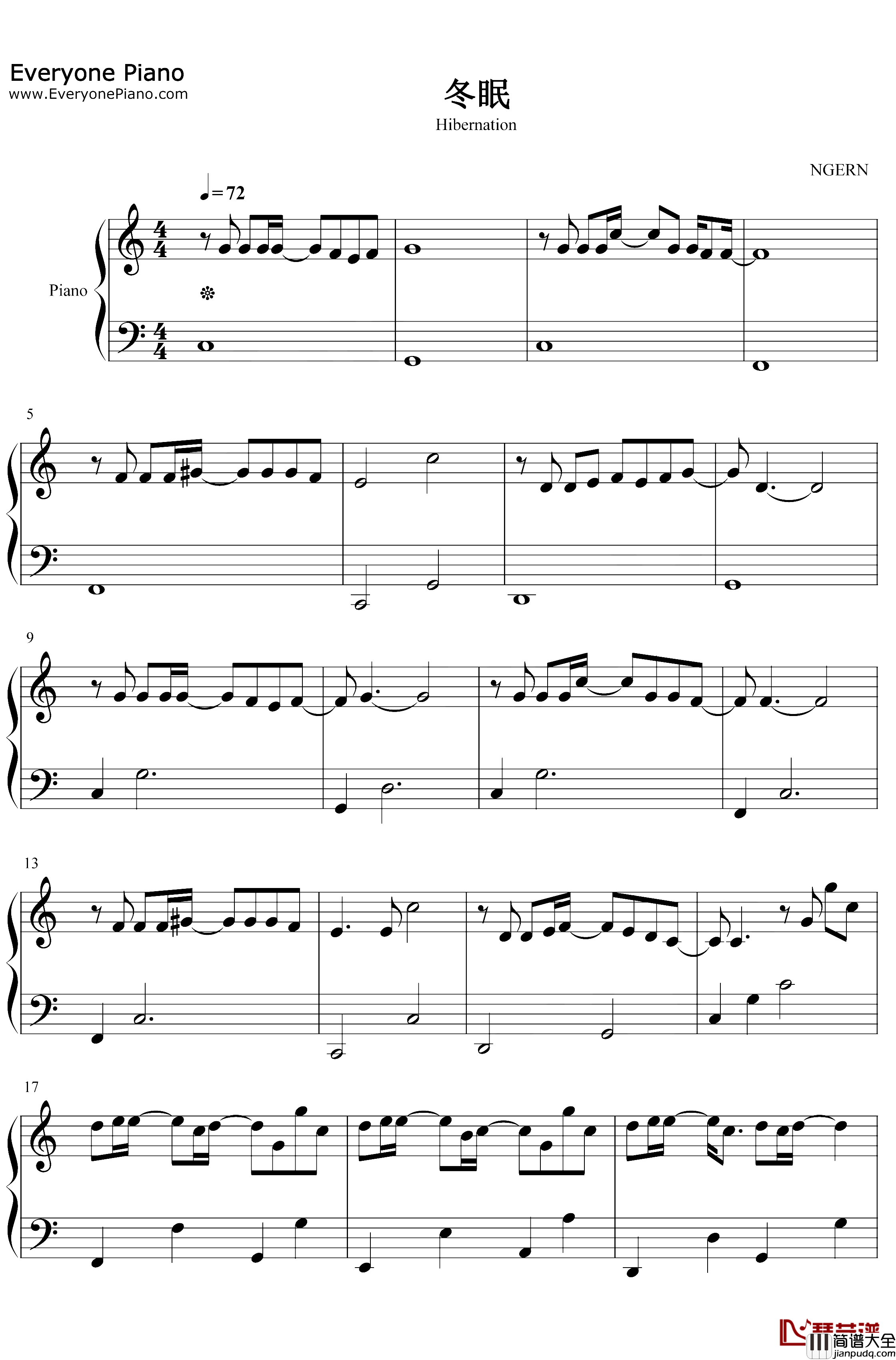 冬眠钢琴谱_司南_C调简单版_你看啊春日的蝴蝶你看它颤抖着飞越