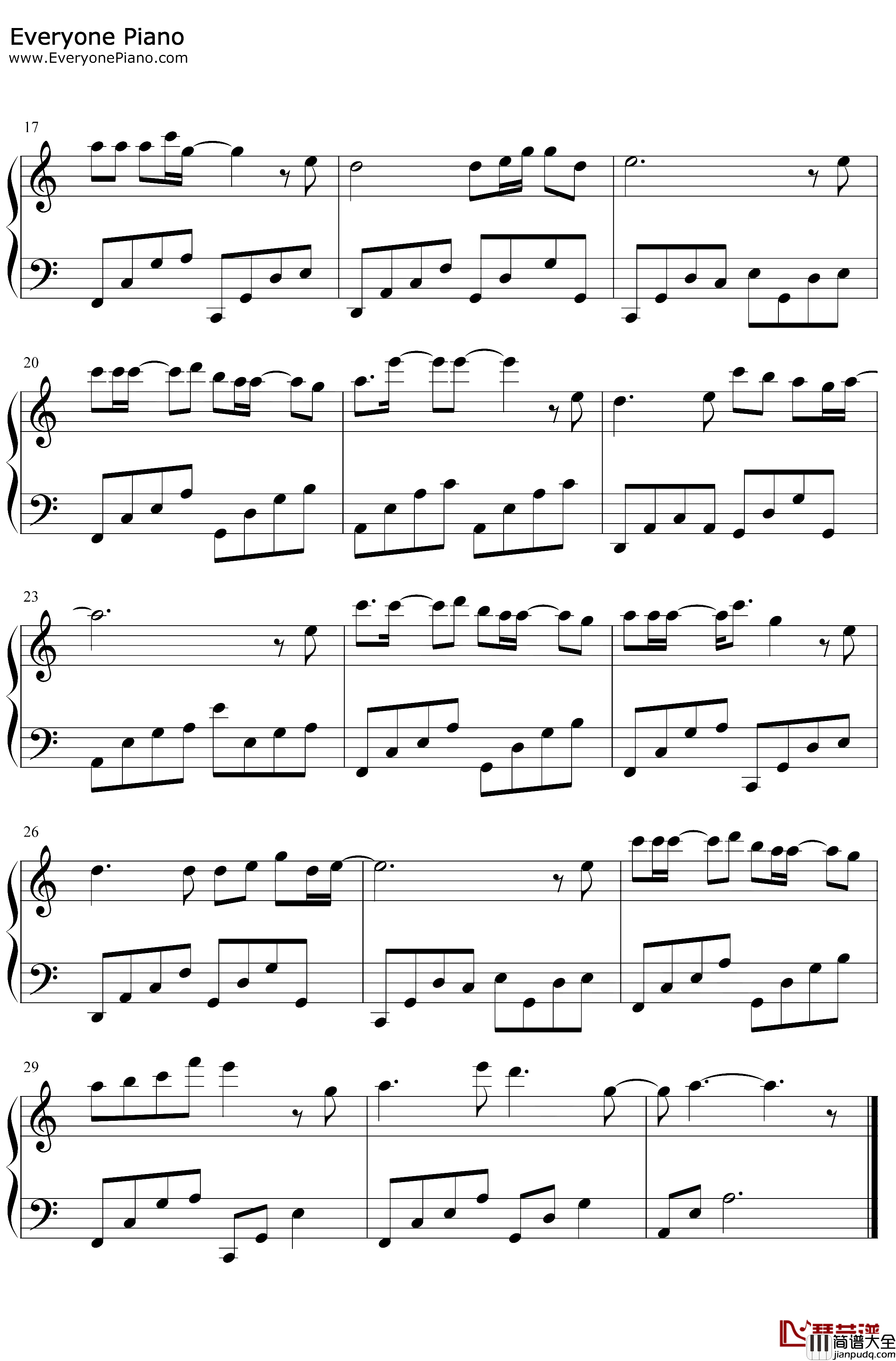 剑心钢琴谱_张杰_C调简单版