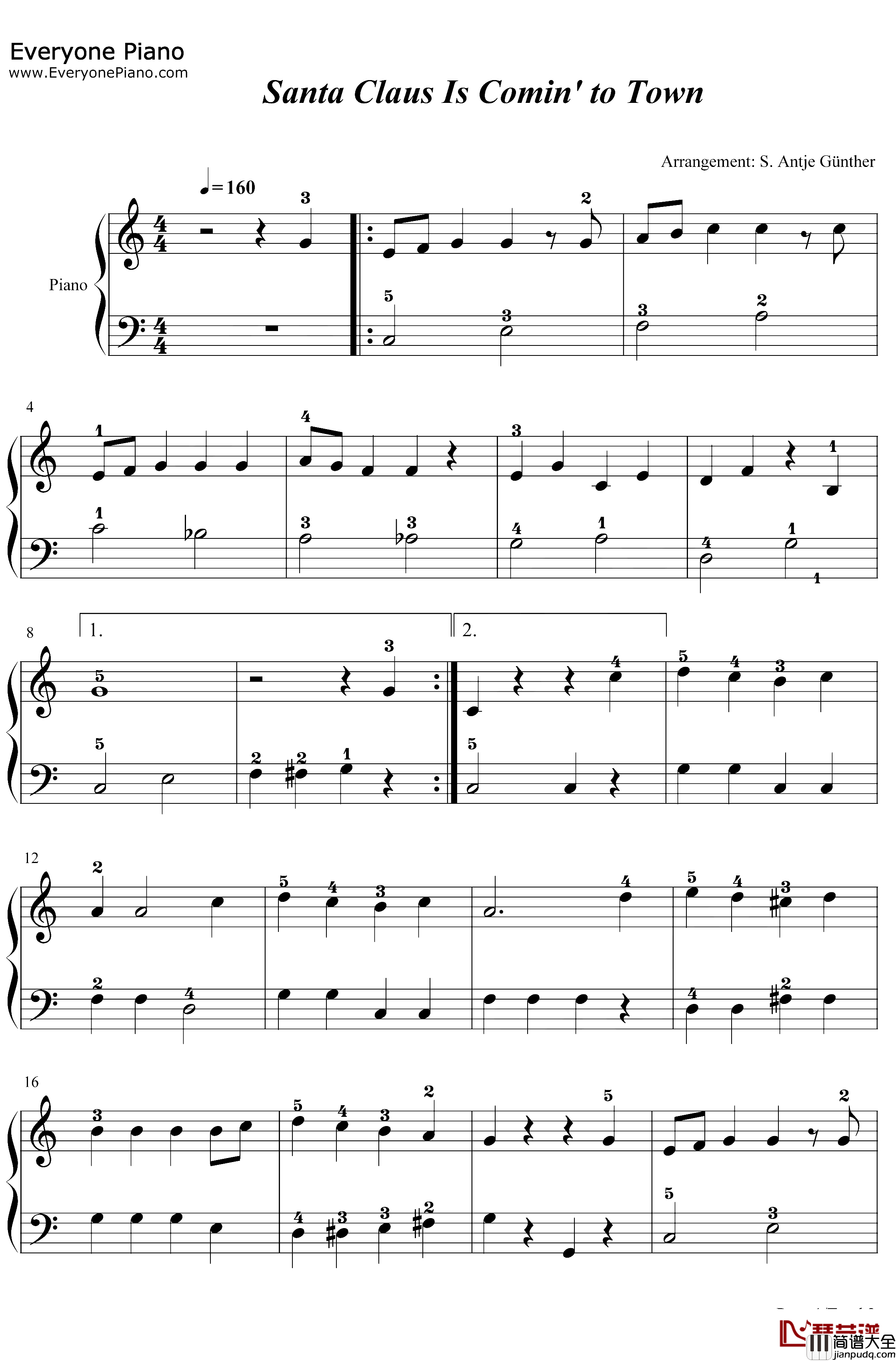 Santa_ClausIs_Comin_to_Town钢琴谱_J.FredCootsHavenGillespie_C调简单版_带指法_圣诞歌曲