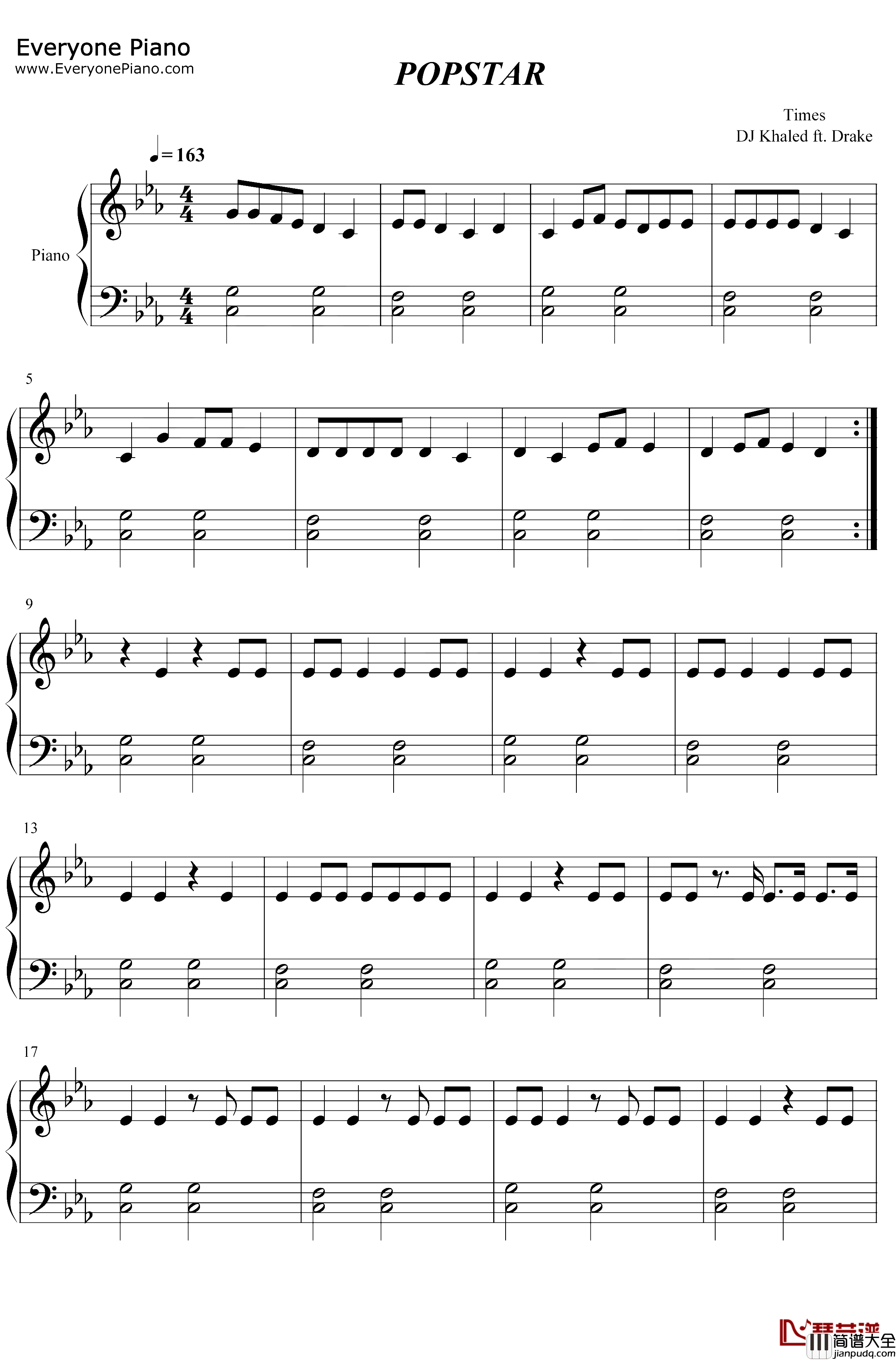 Popstar钢琴谱_DJ_Khaled_Drake