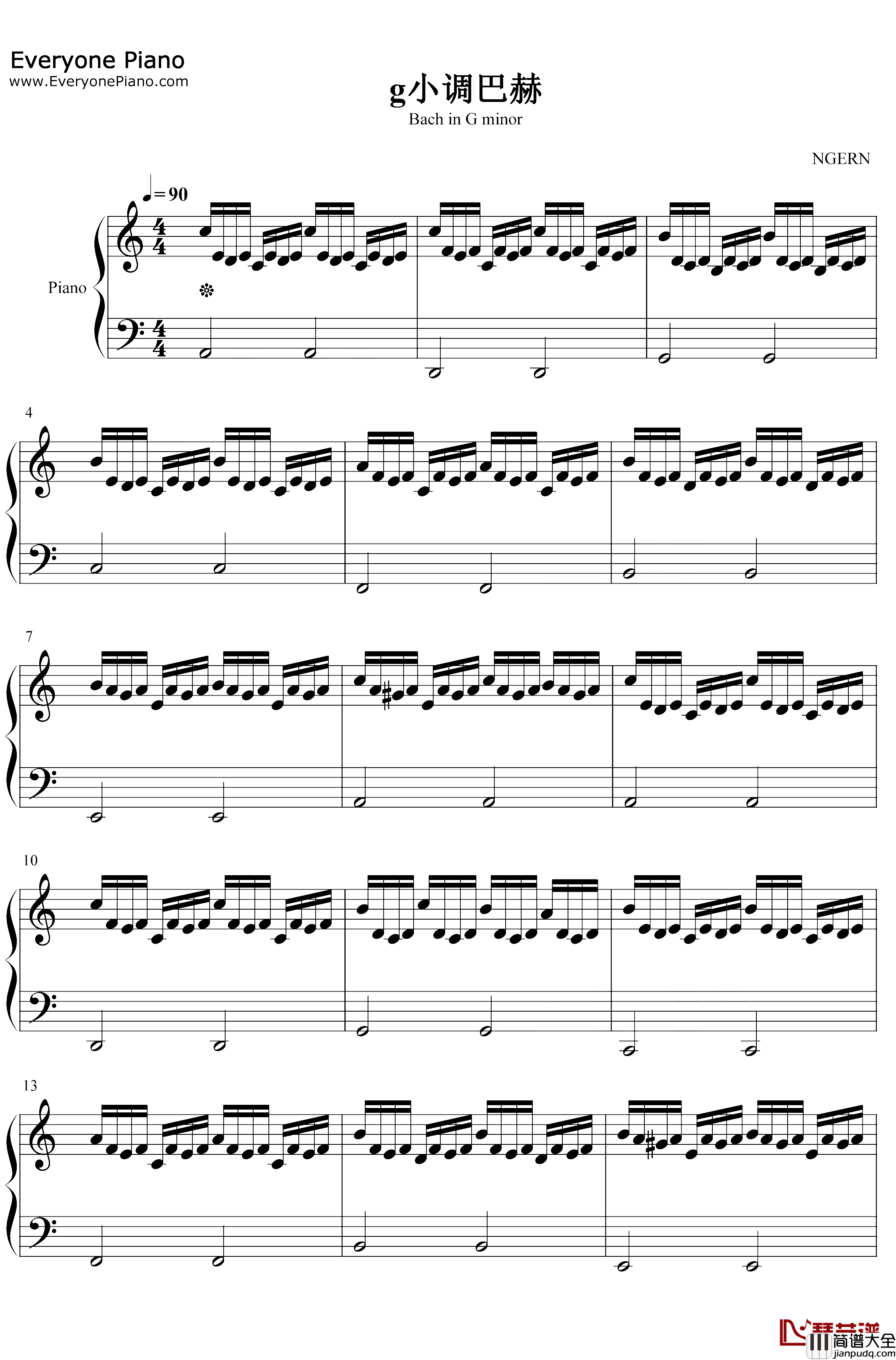 g小调巴赫钢琴谱_巴赫_C调简单版