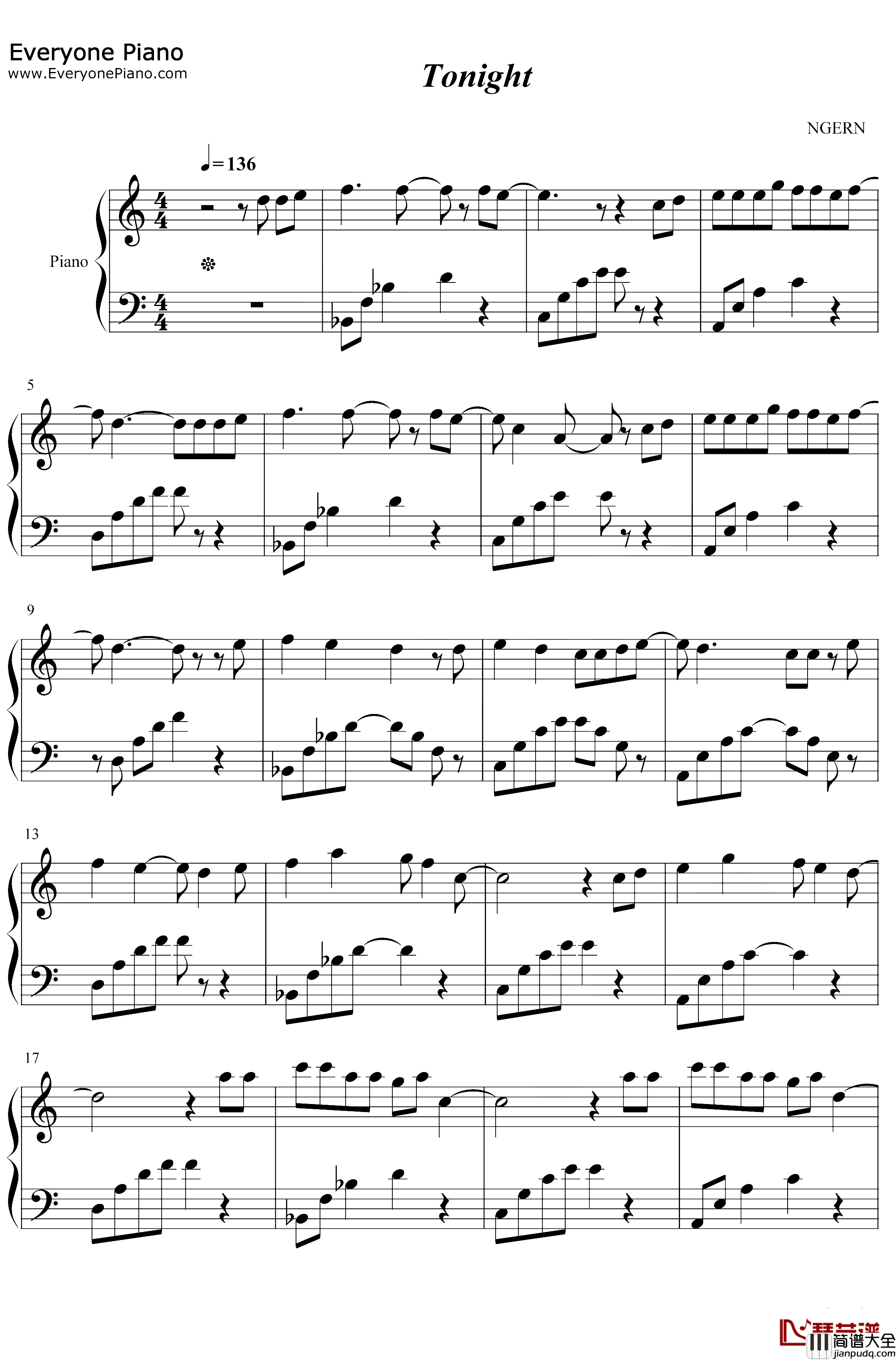 Tonight钢琴谱_Big_Bang_C调简单版