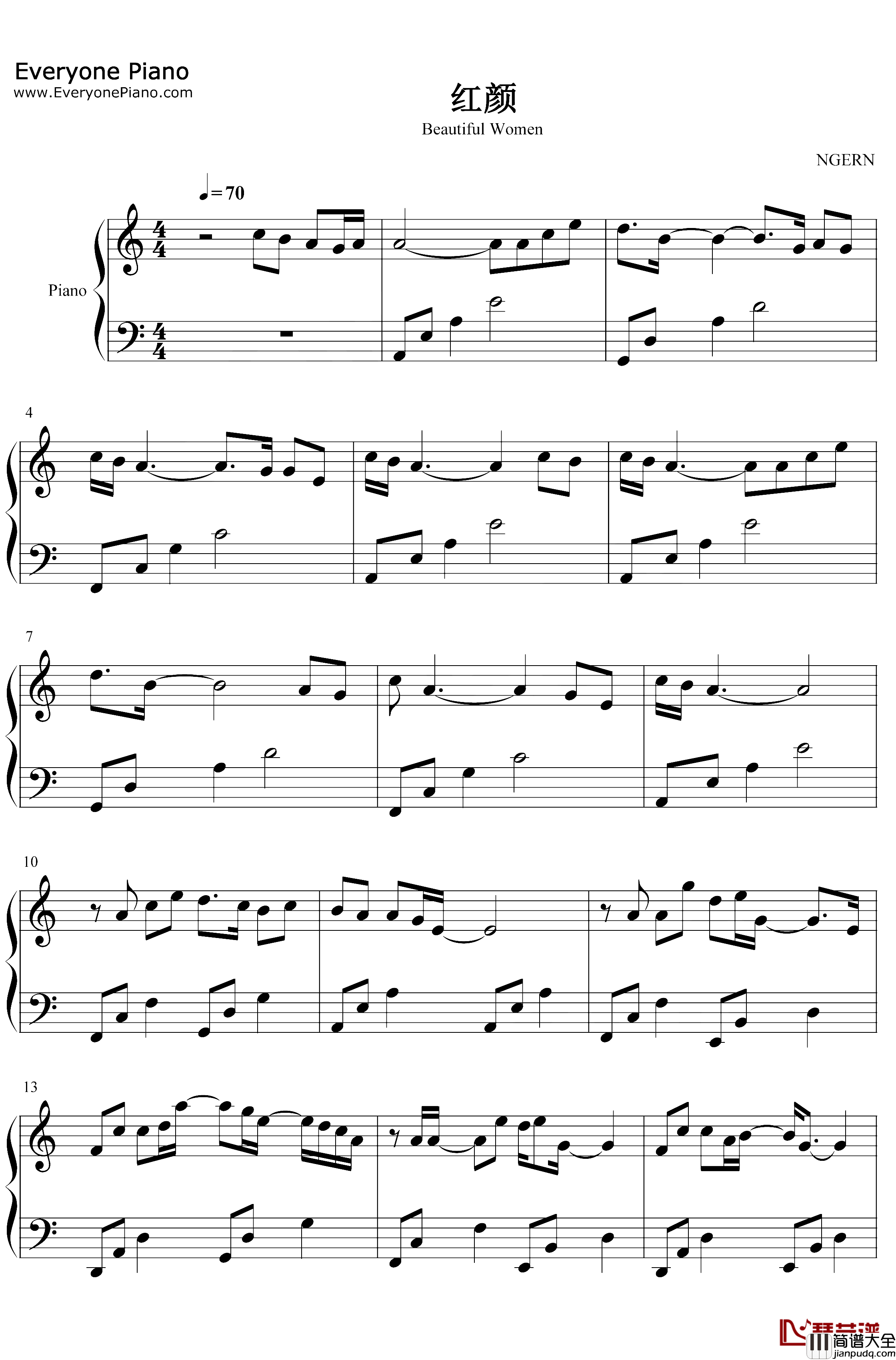 红颜钢琴谱_胡彦斌_C调简单版