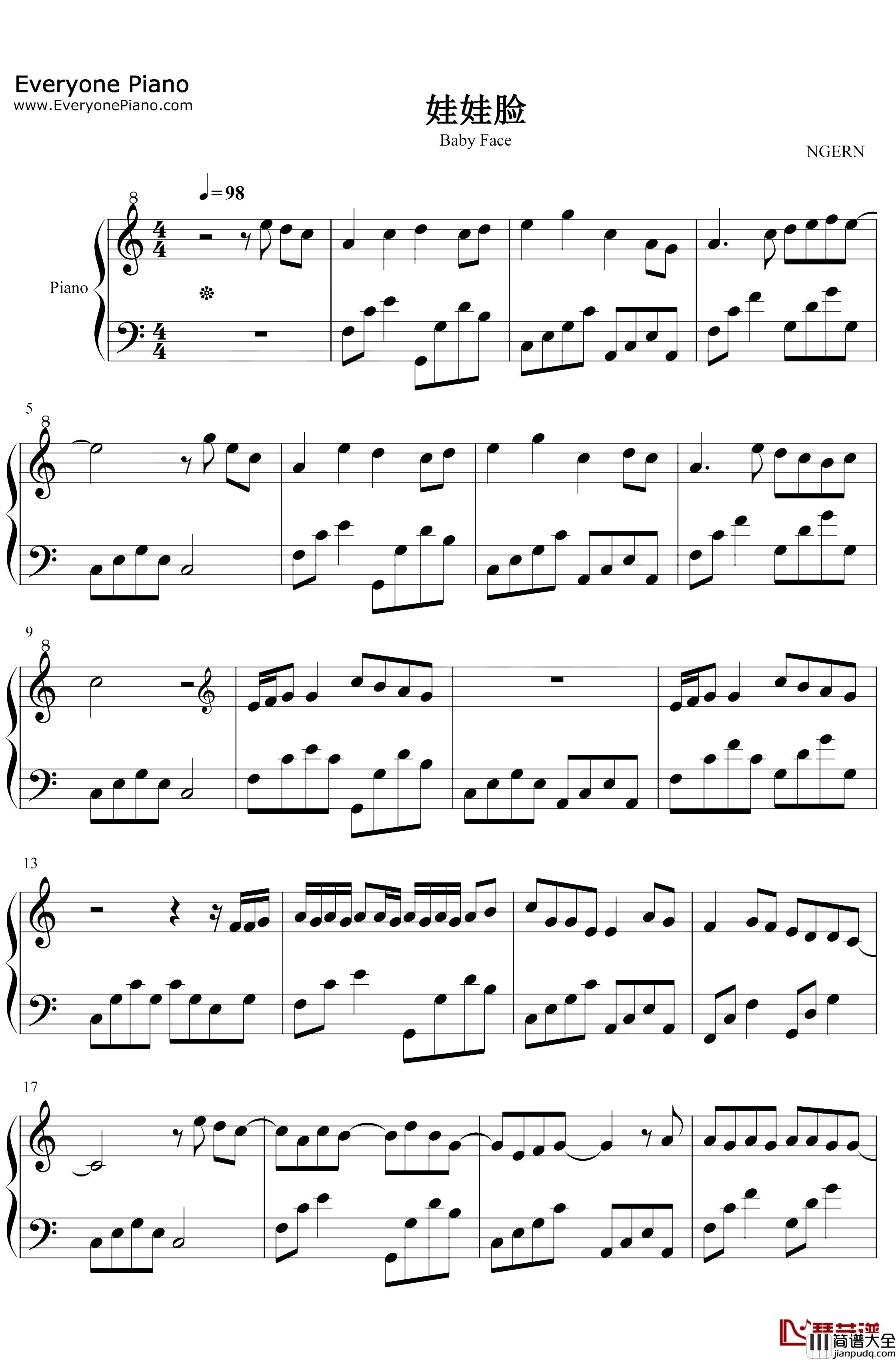 娃娃脸钢琴谱_后弦_C调简单版