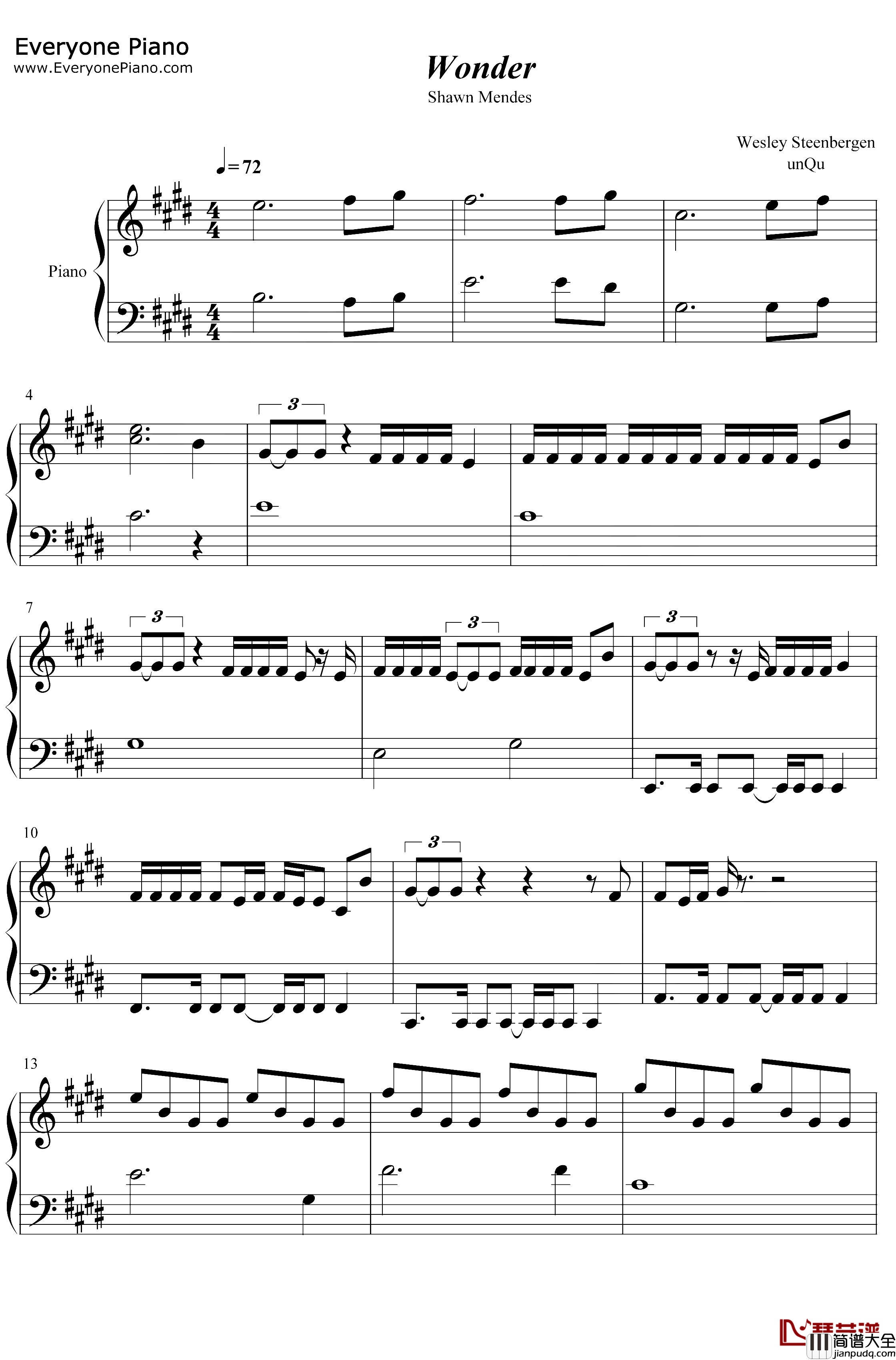 Wonder钢琴谱_ShawnMendes_ShawnMendes