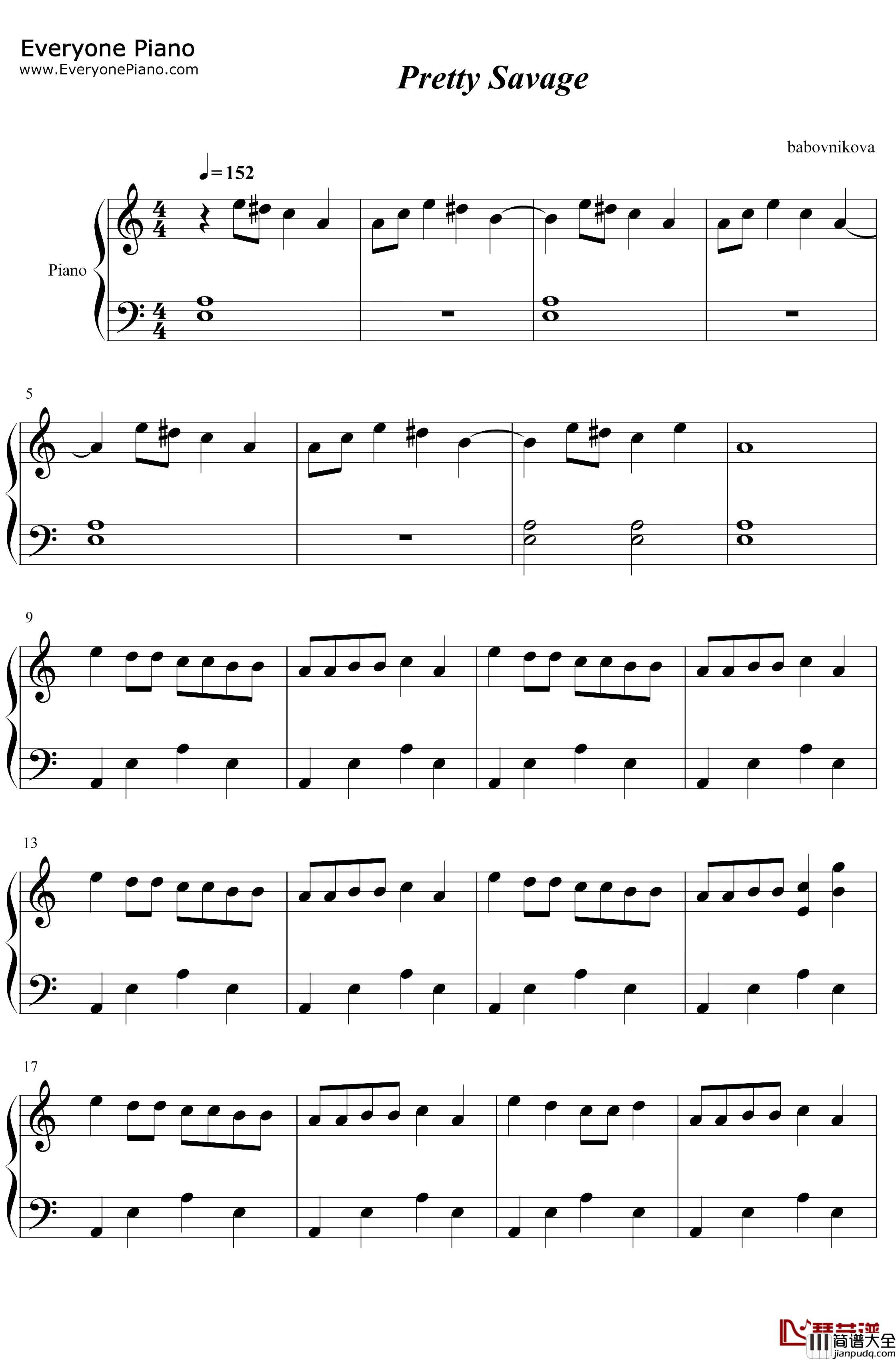 Pretty_Savage钢琴谱_Blackpink_Blackpink