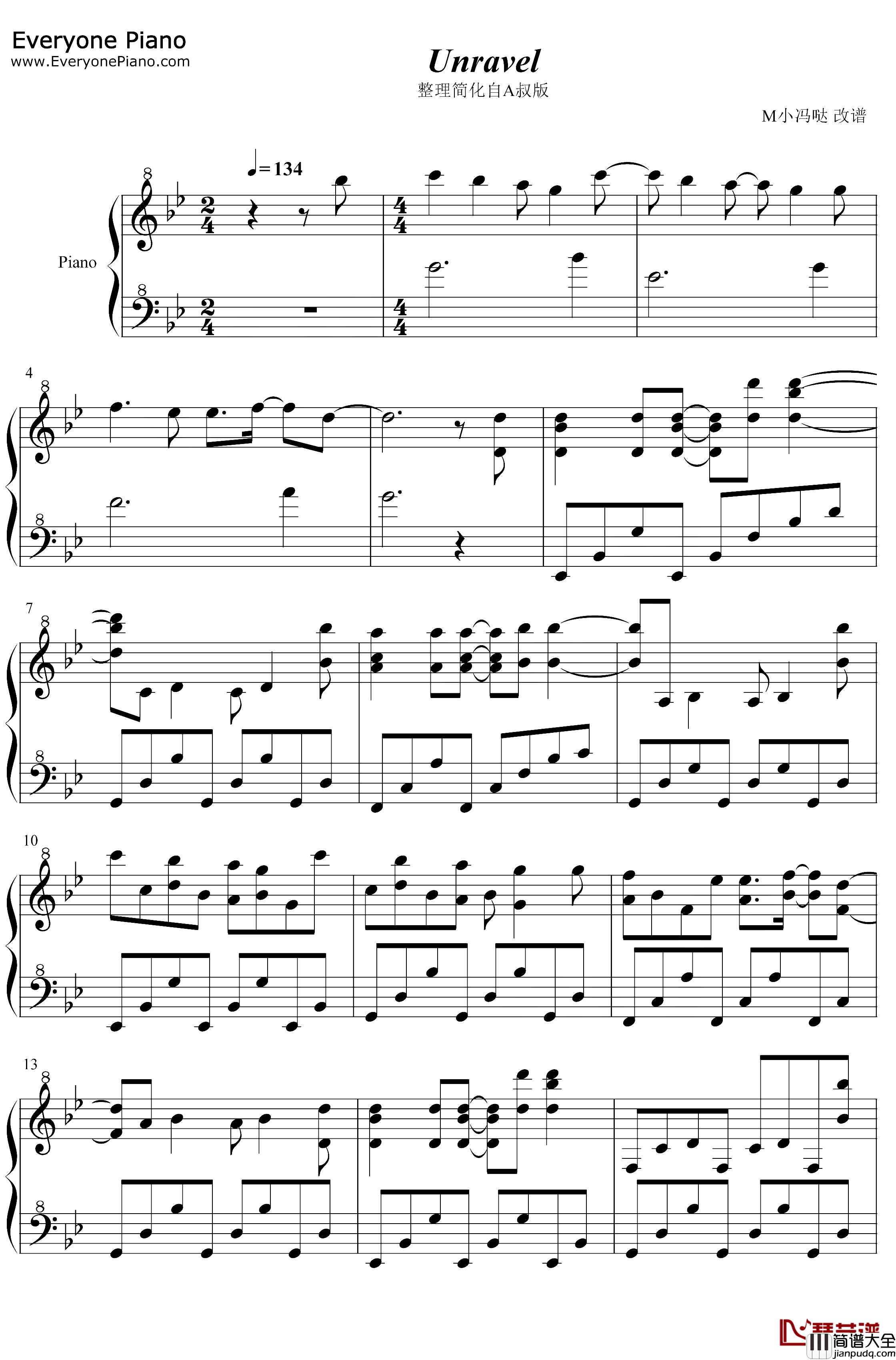 Unravel钢琴谱_Tkfrom凛冽时雨_简化自A叔版