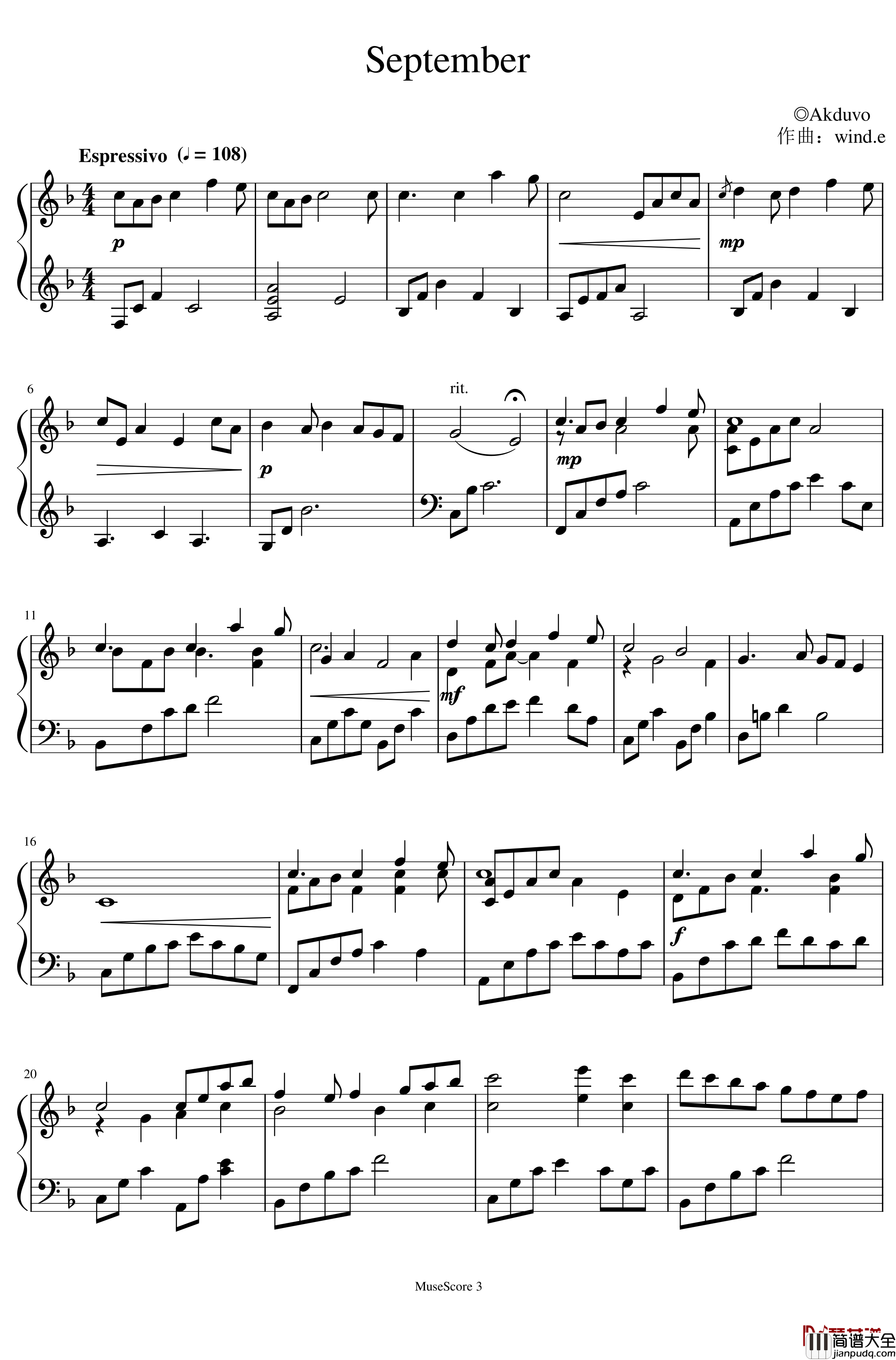 September钢琴谱_自古逢秋悲寂寥，我言秋日胜春朝。