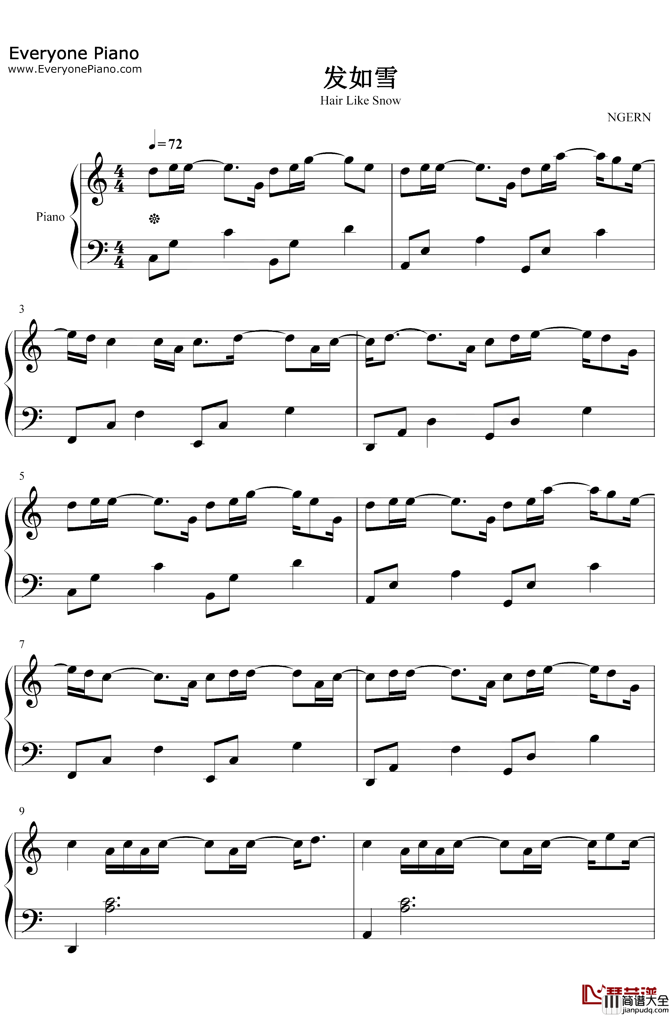 发如雪钢琴谱_周杰伦_C调简单版