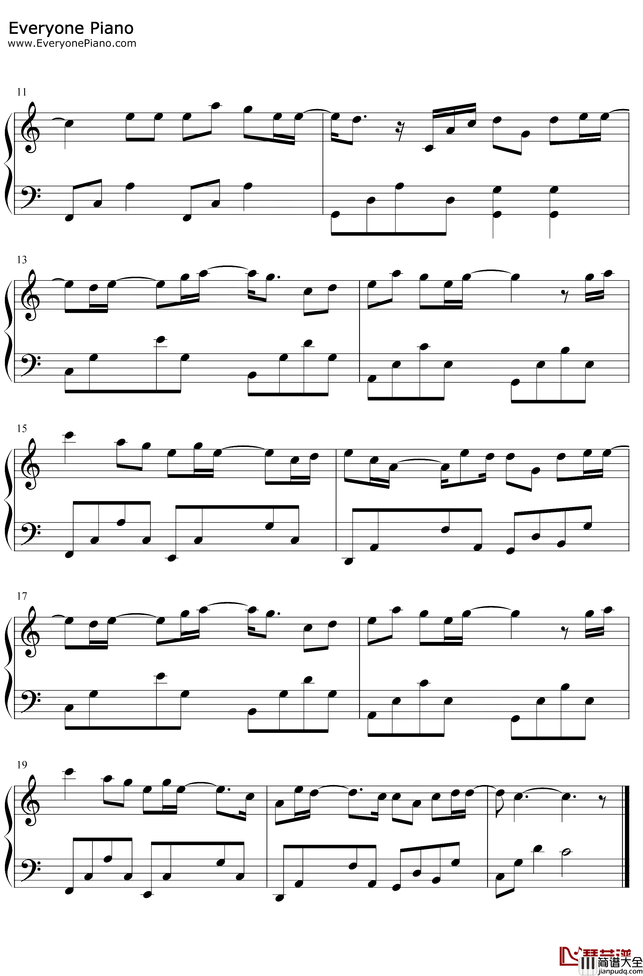 发如雪钢琴谱_周杰伦_C调简单版