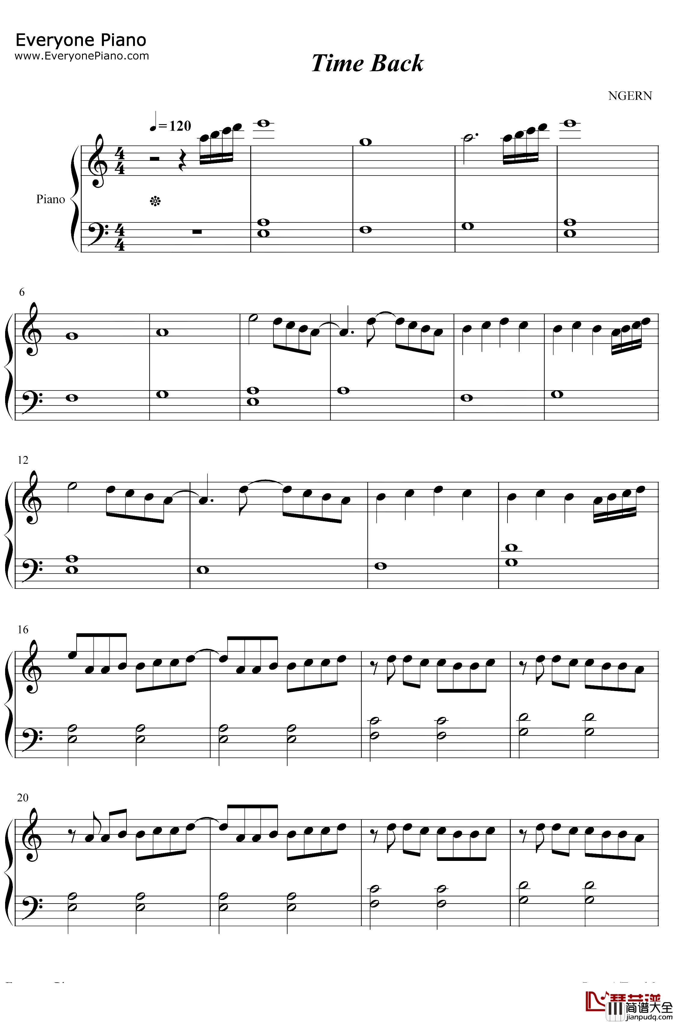 Time_Back钢琴谱_BadStyle_C调简单版