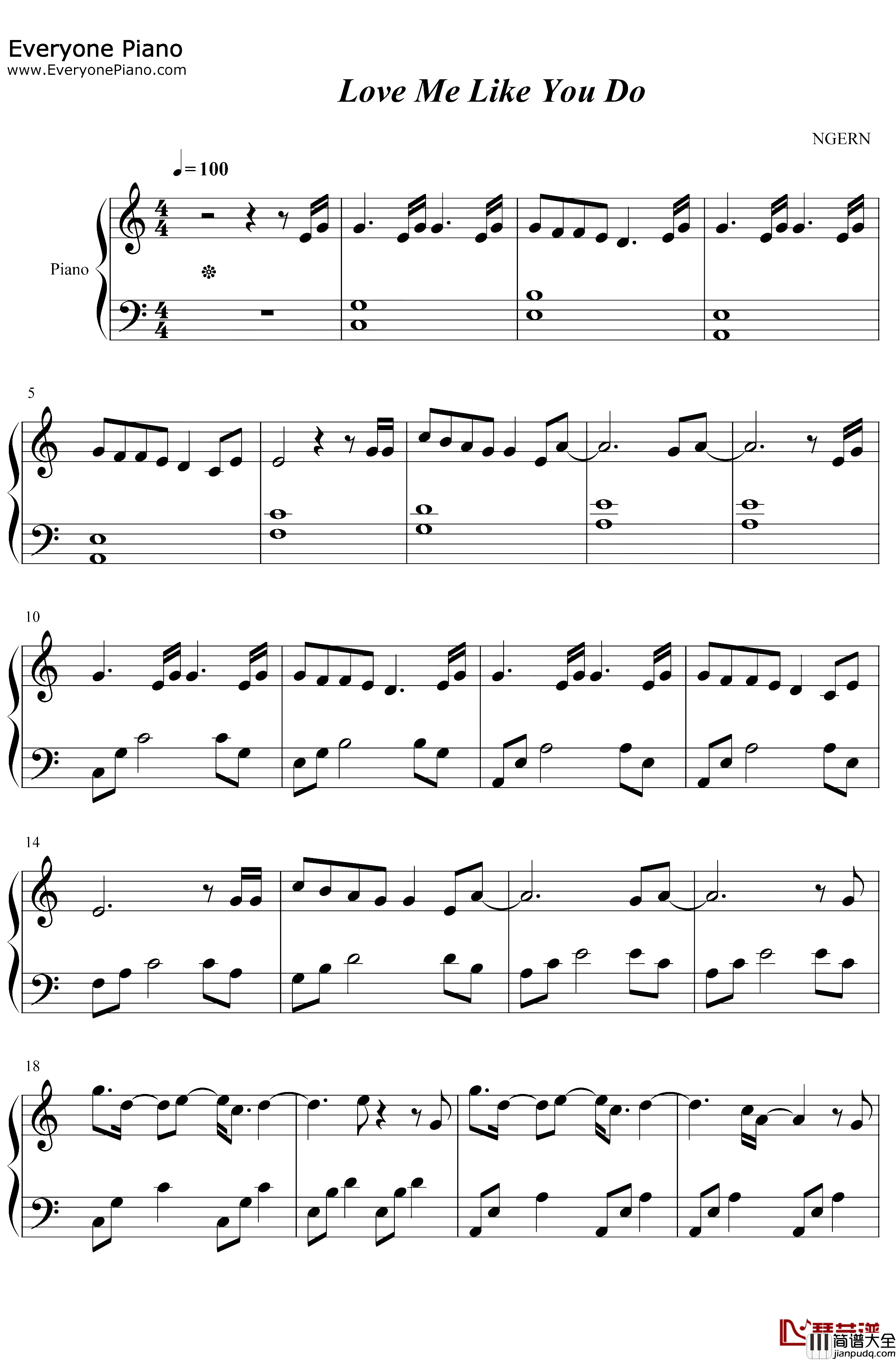 Love_Me_Like_You_Do钢琴谱_EllieGoulding_C调简单版