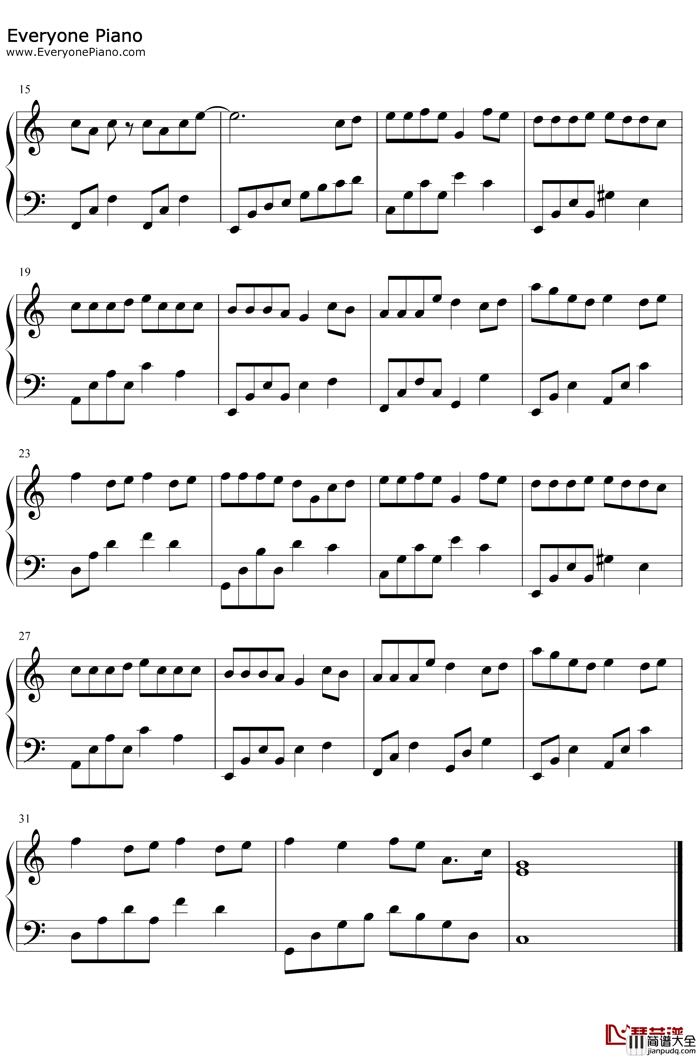 素颜钢琴谱_许嵩何曼婷_C调简单版