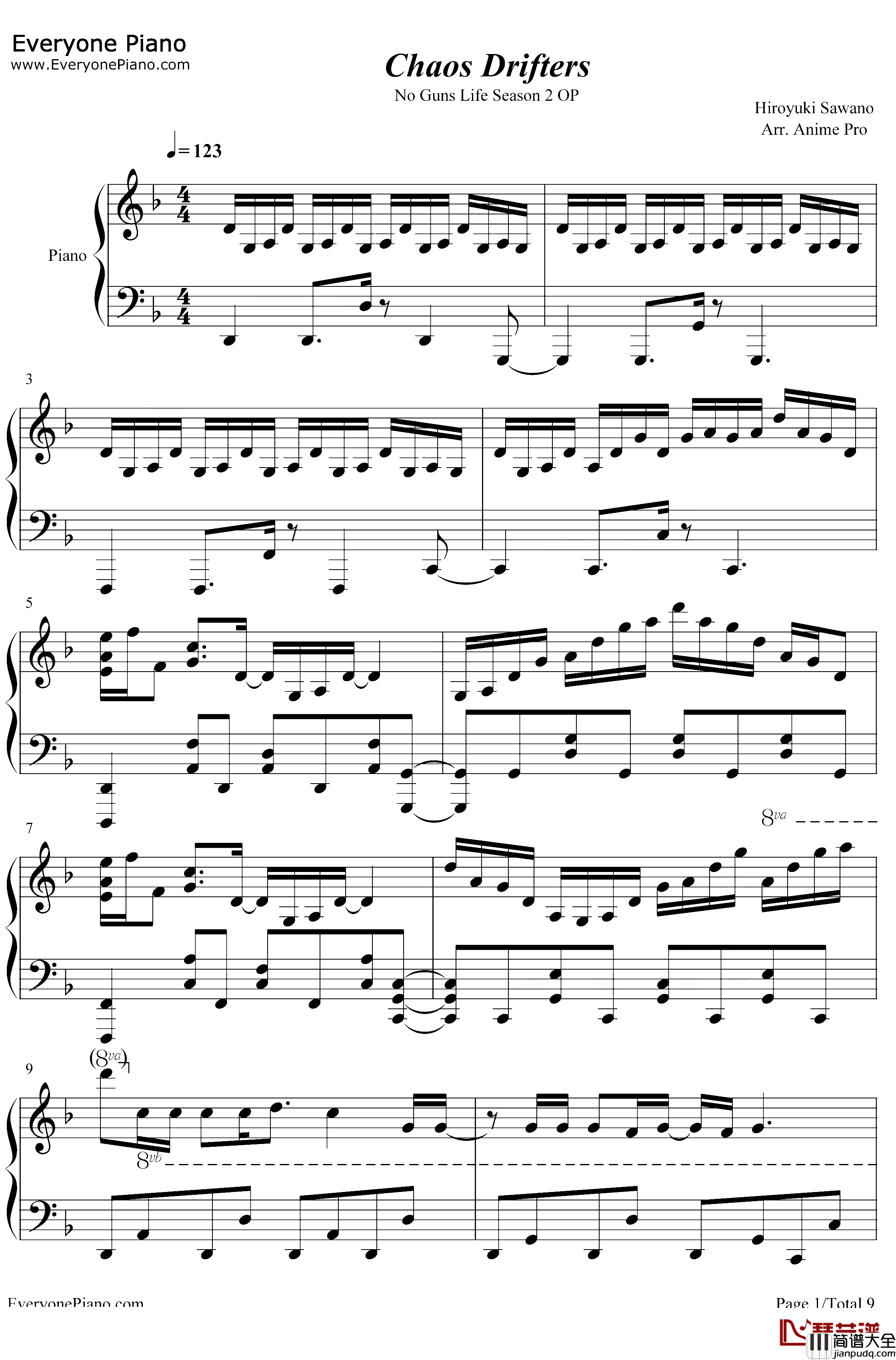 Chaos_Drifters钢琴谱_SawanoHiroyuki[nZk]Jean_KenJohnny_非枪人生第二季OP