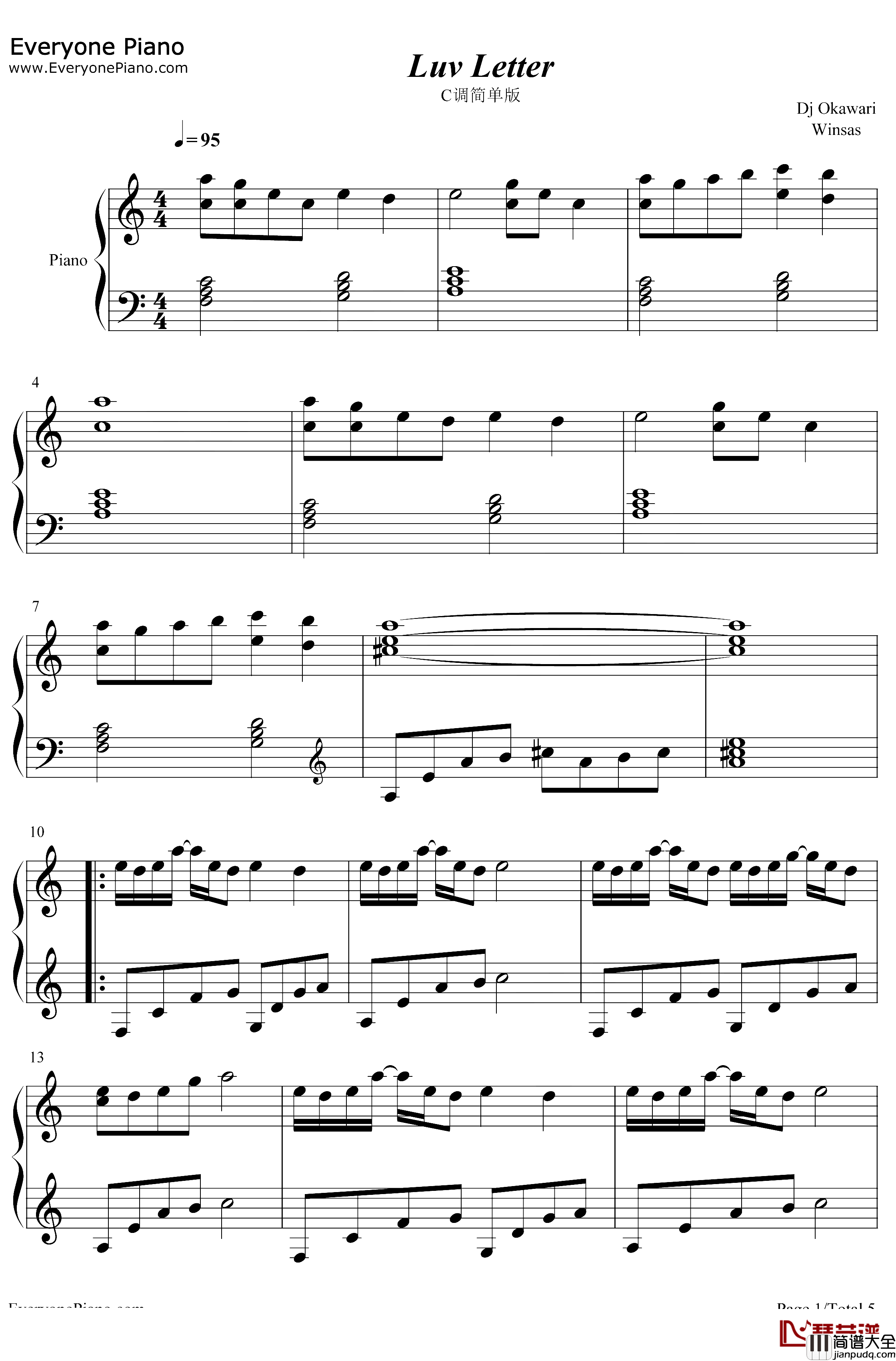 情书钢琴谱_DjOkawari_LuvLetter_C调简单版