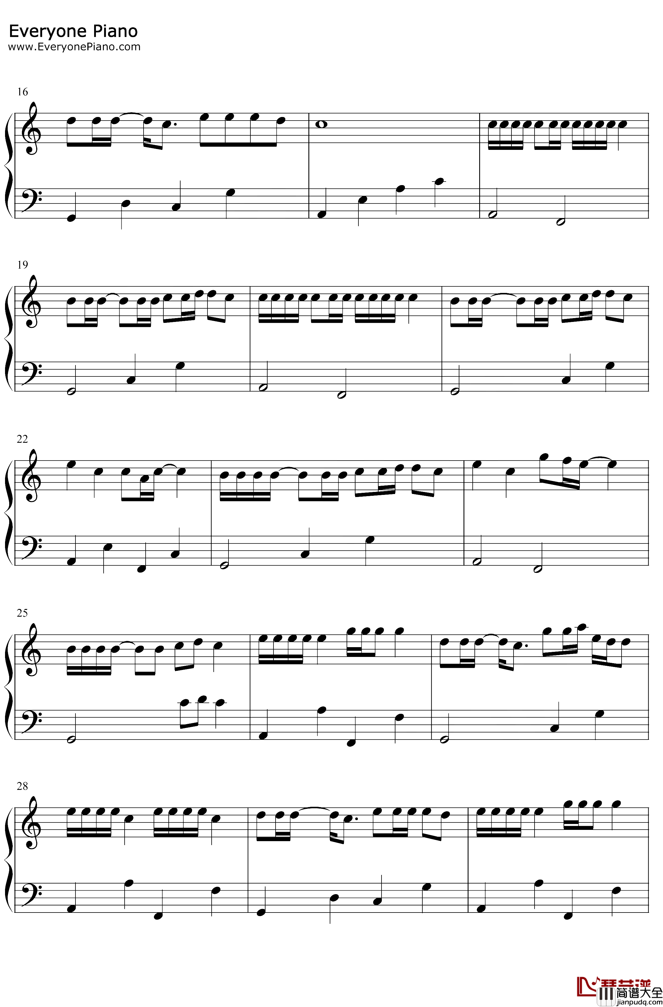 欧若拉钢琴谱_张韶涵_C调简单版